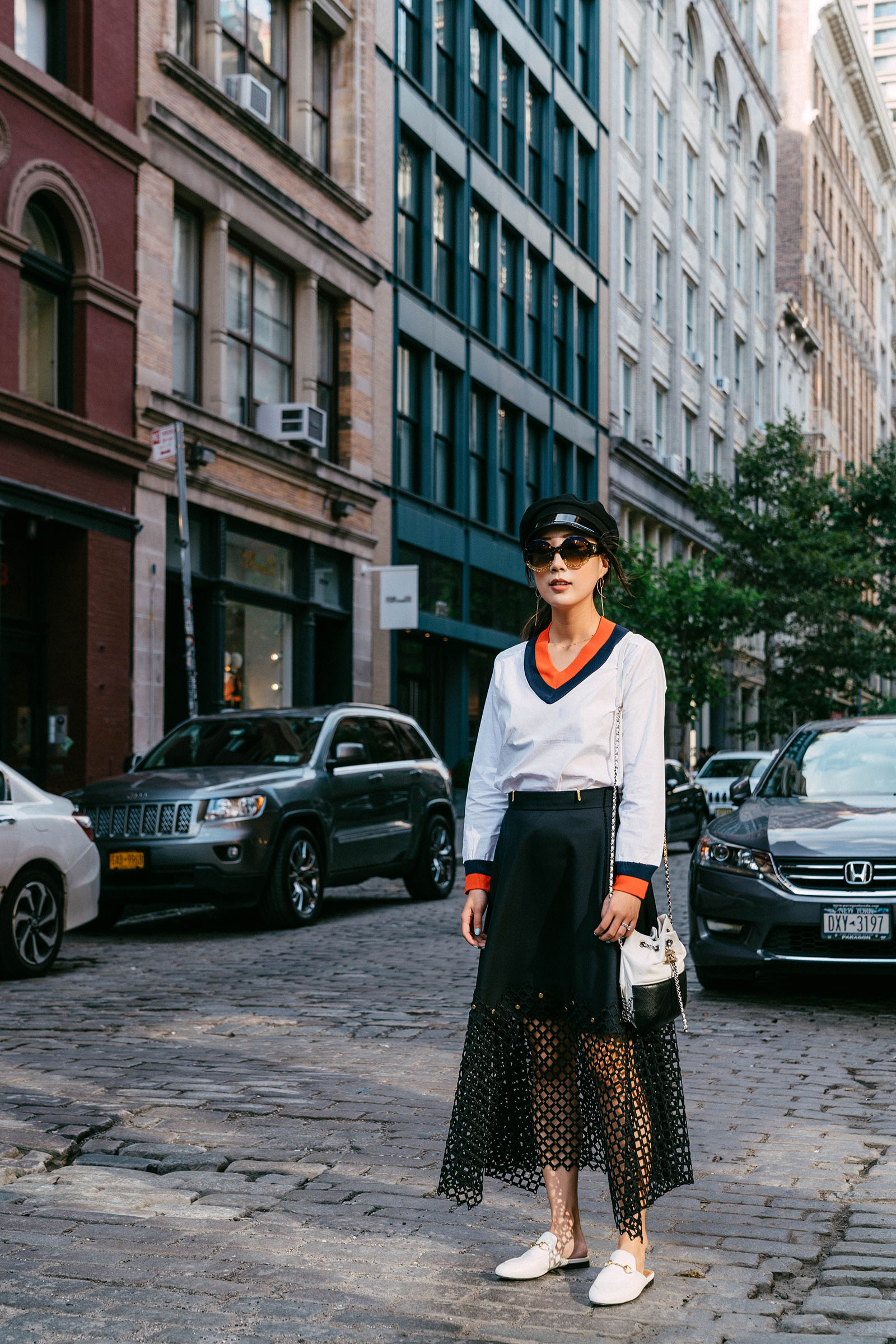Kule Stripes Top , Kolor Skirt, Gucci Shoes , Chanel Bag, Hirotaka Earrings