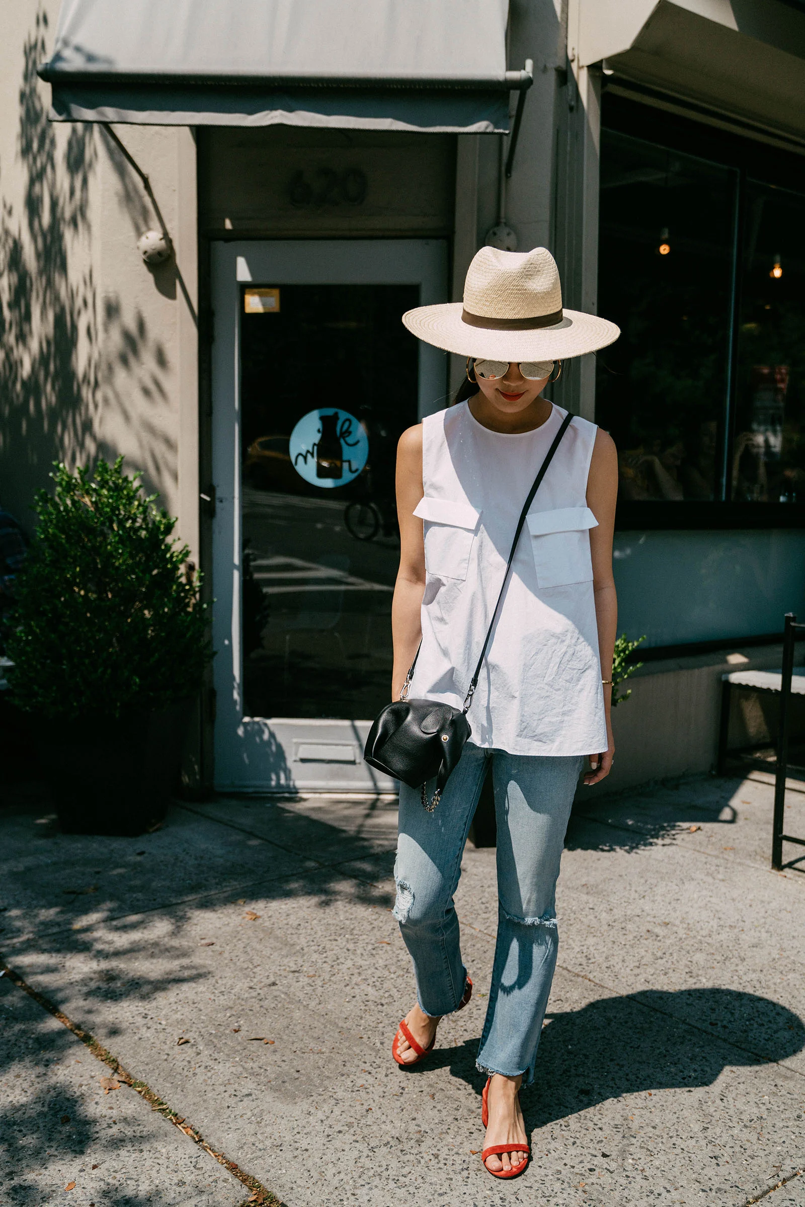 COS Top, Mother Denim , Loewe Bag , Yvonne Kone Sandals