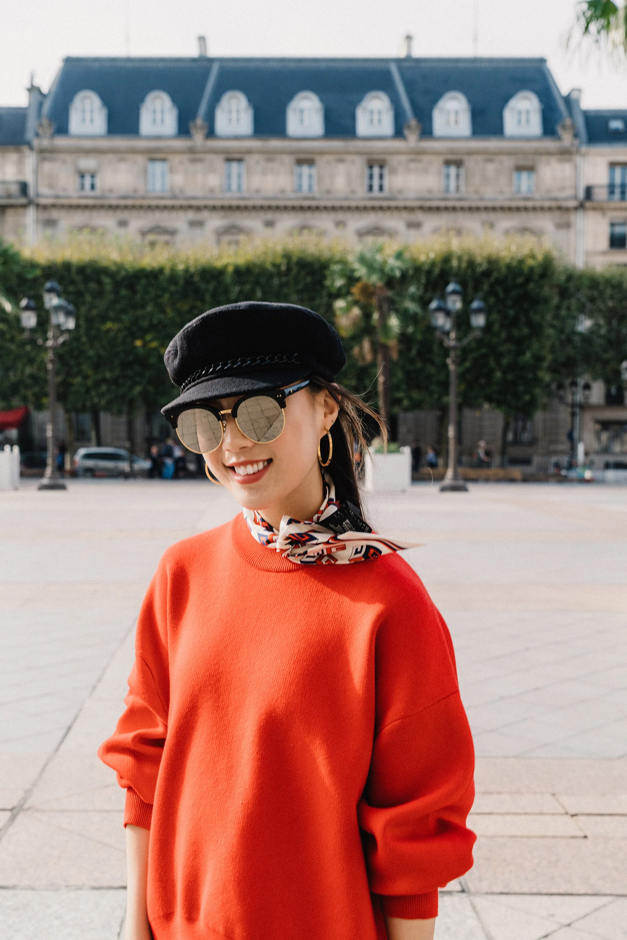 DKNY Pullover , Gucci Scarf , Eugenia Kim Hat, Gentle Monster Sunnies , Vita Fede Earrings