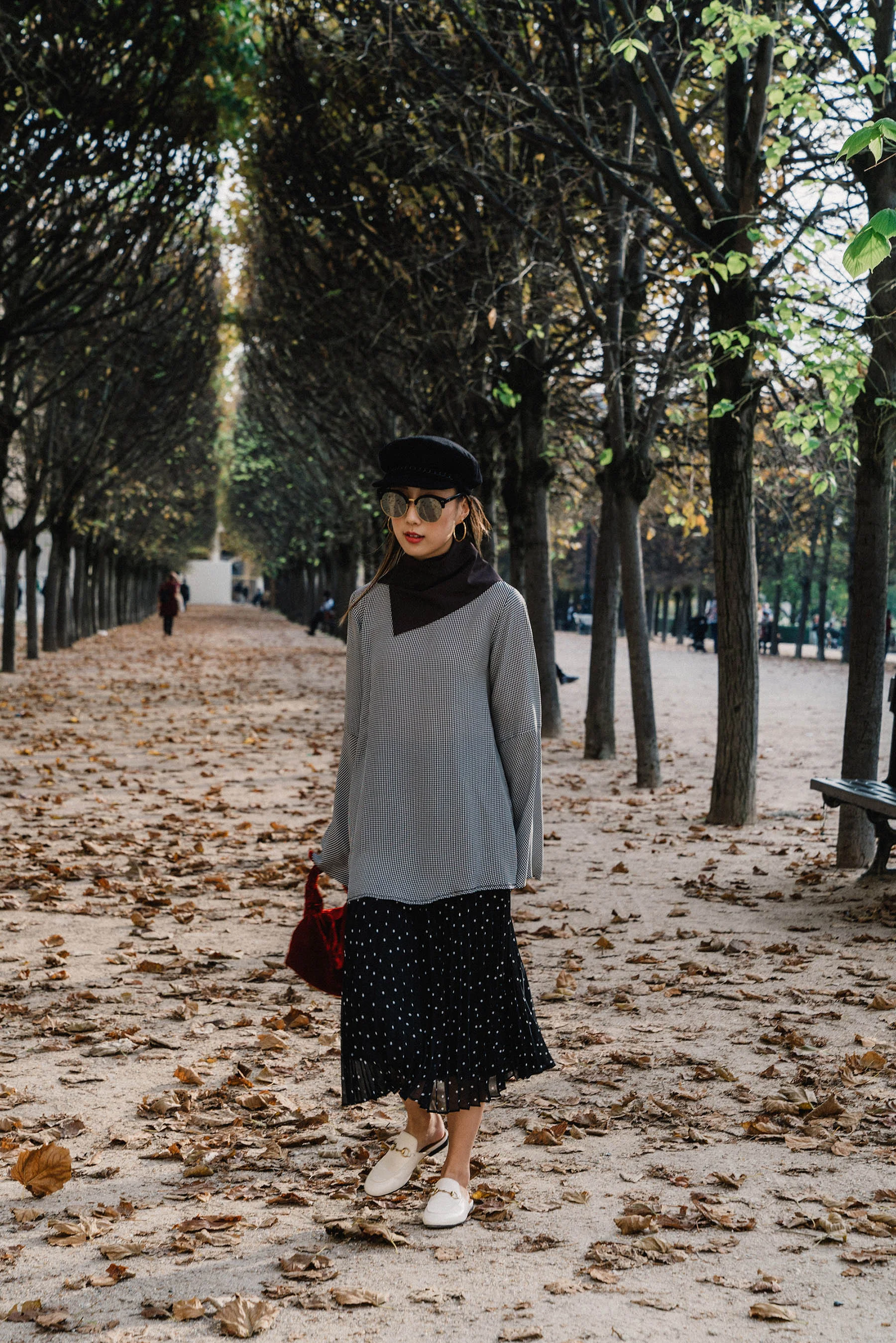 Acne Studios Top , Sezane Skirt , Gucci Shoes , The Row Bag , Gucci Scarf , Eugenia Kim Hat, Gentle Monster Sunnies