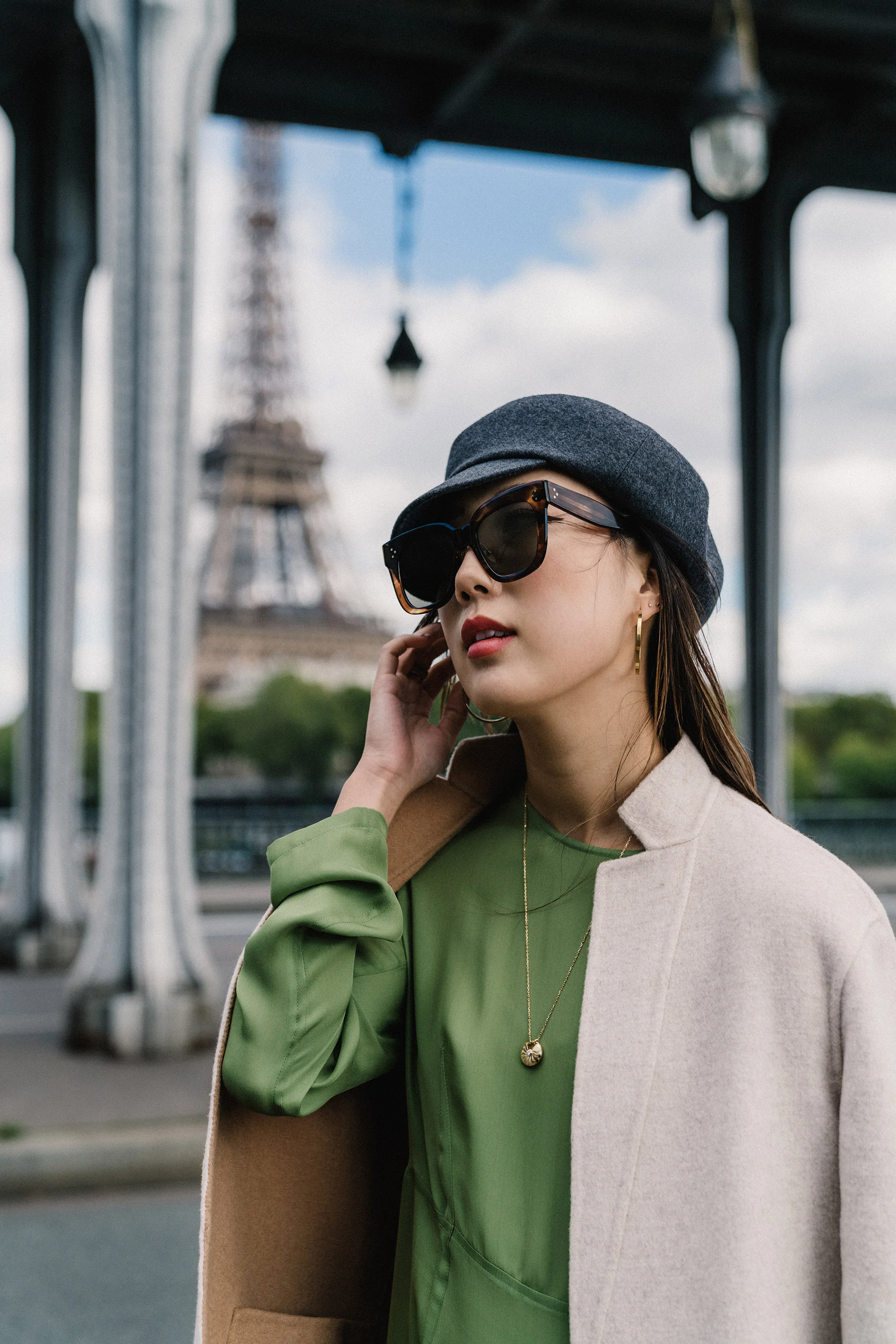 Theory Jacket, Yune Ho Dress, Hermes Hat, Céline Sunglasses, Cartier Necklace , Vita Fede Earrings