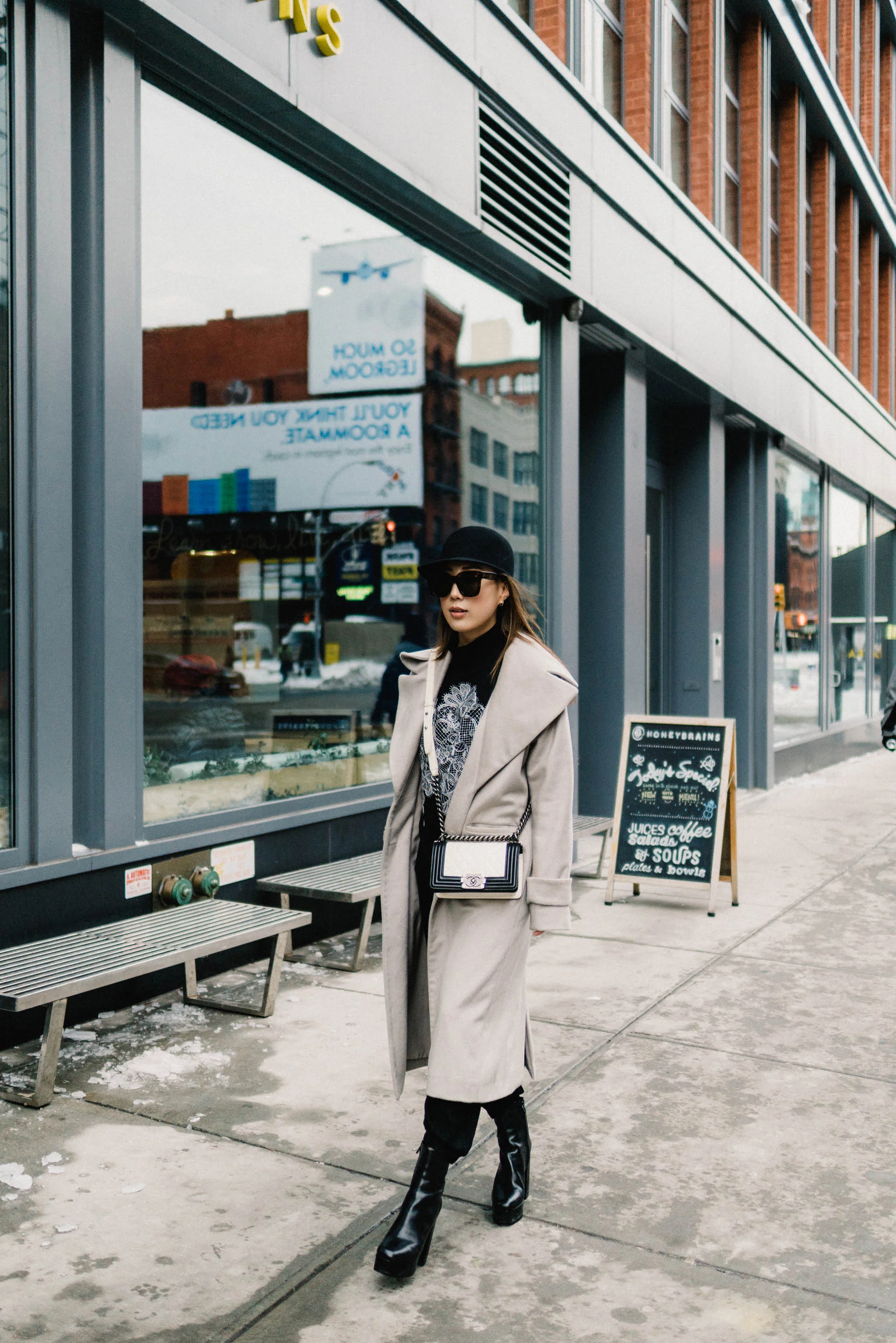 Michelle Waugh Coat , Lie Sang Bong Top , Vince Trousers, Alexander Wang Boots, Chanel Bag