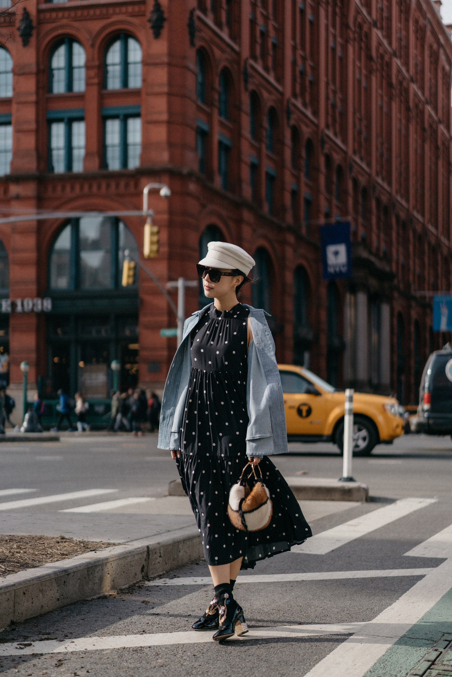 Sezane Jacket , Asceno Dress , Gucci Boots , Salvatore Ferragamo Bag, Ruslan Baginskiy Hat , Celine Sunglasses