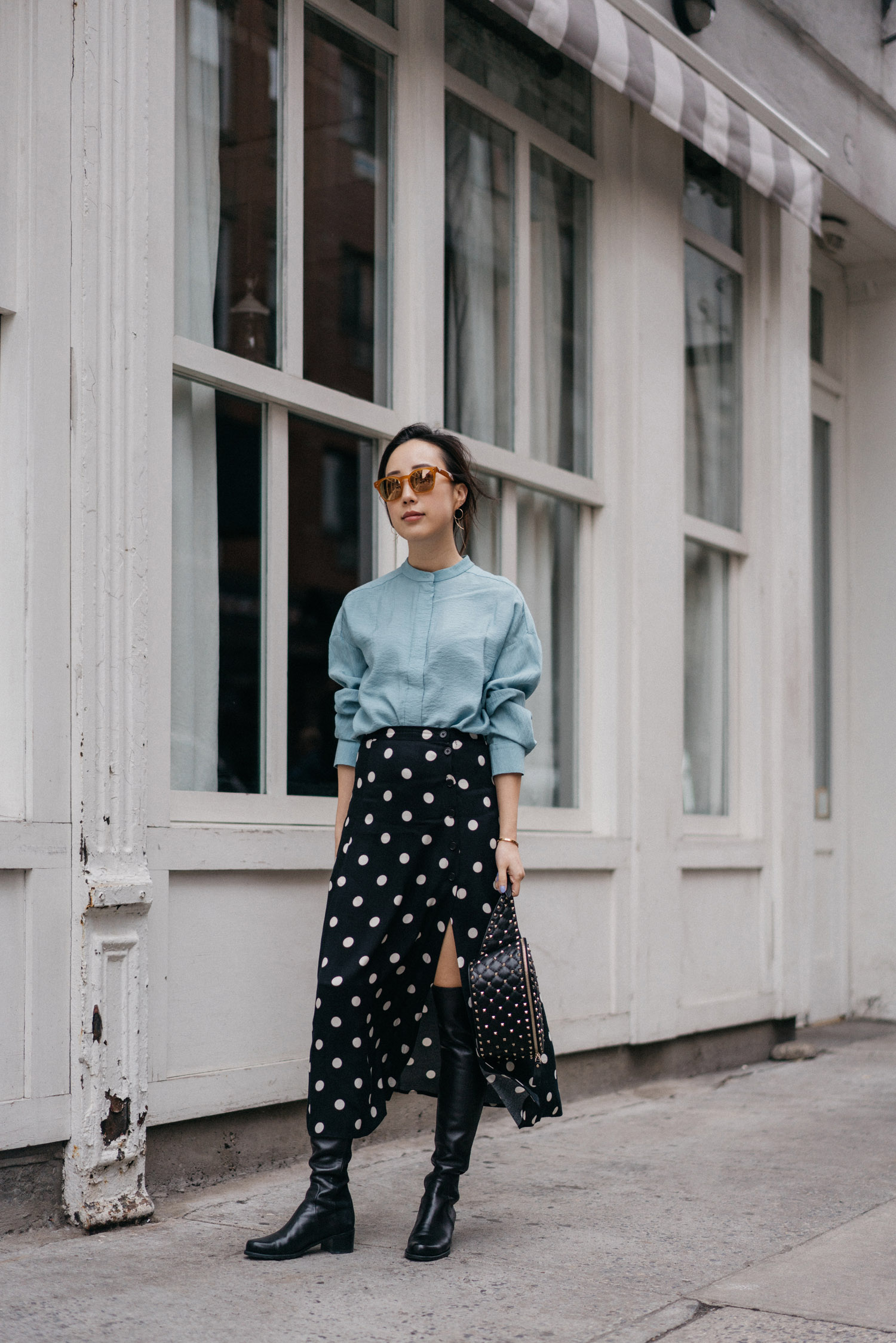 COS Top, Reformation Skirt , Stuart Weitzman Boots , Valentino Bag, Oliver Peoples x Byredo Sunglasses