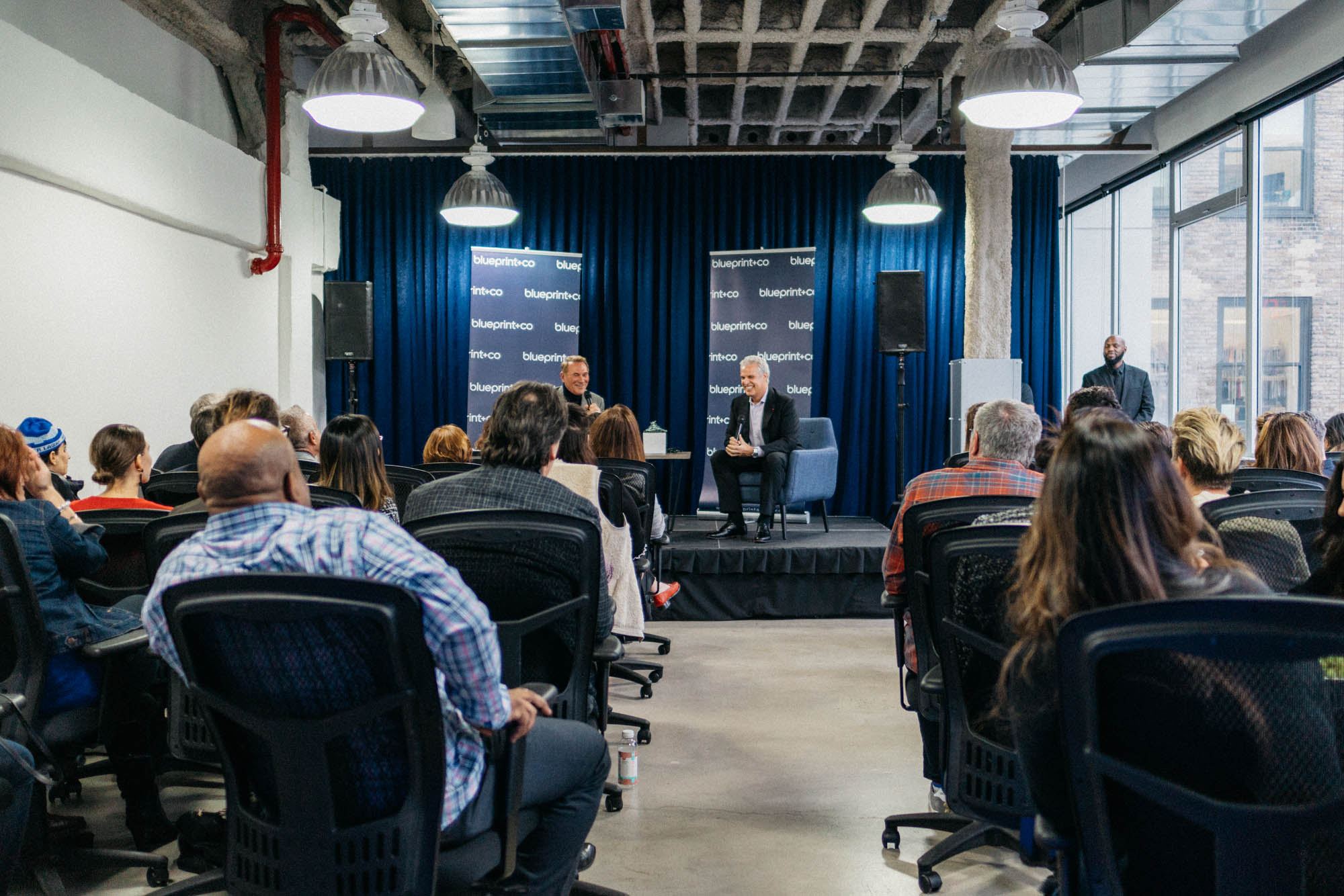 Chef Eric Ripert of Le Bernardin and writer Hal Rubinstein fireside chat at Blueprint + Co discussing life in and outside of the kitchen.