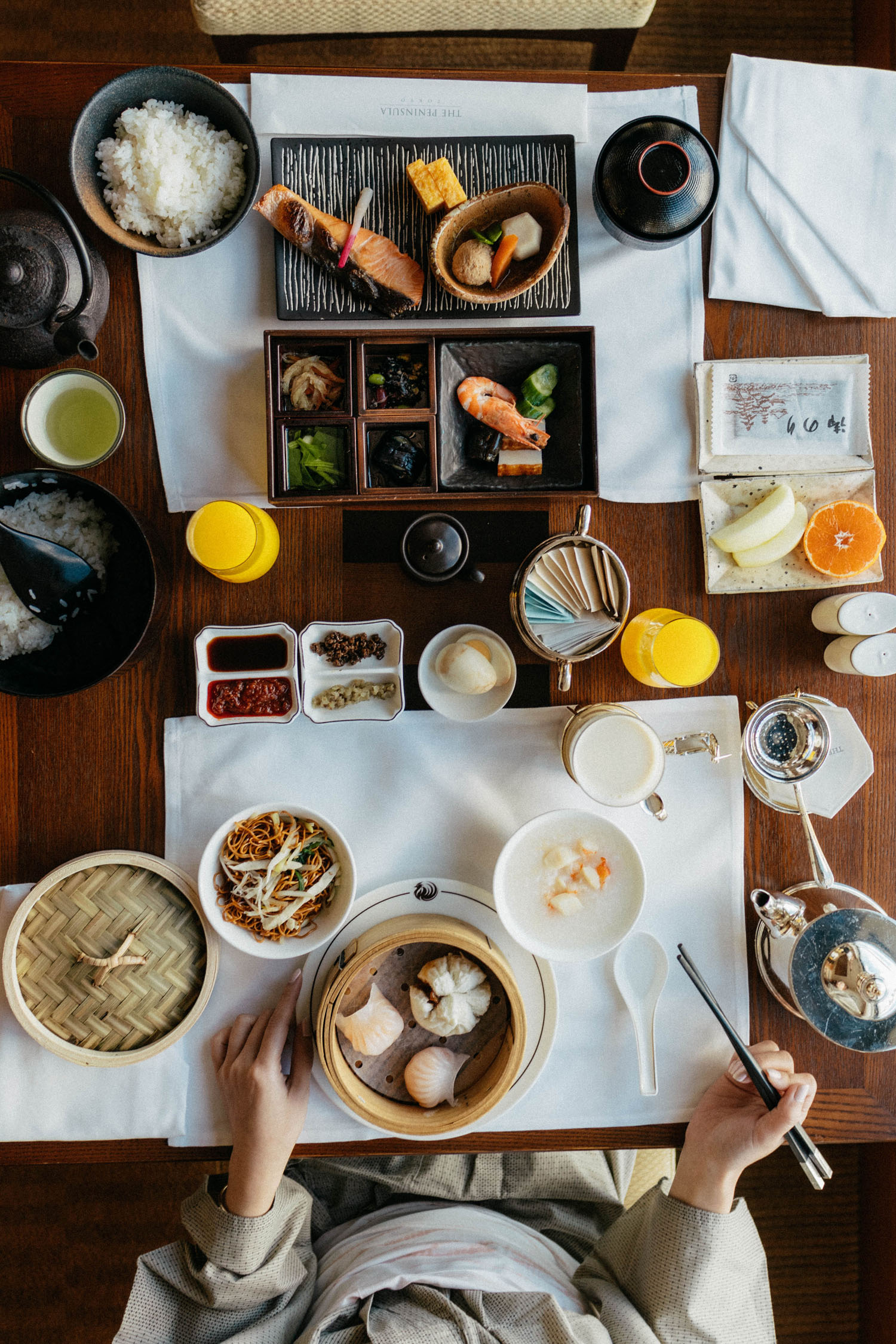 In-room dining at the Peninsula Tokyo – Japanese breakfast for the hubby and Chinese breakfast for me.