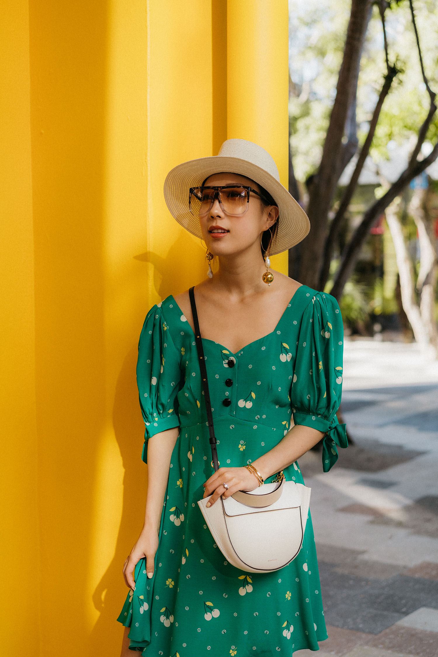 Sretsis Dress , Loewe Sunglasses , Mounser Earrings , Maison Michel Hat, Wandler Bag
