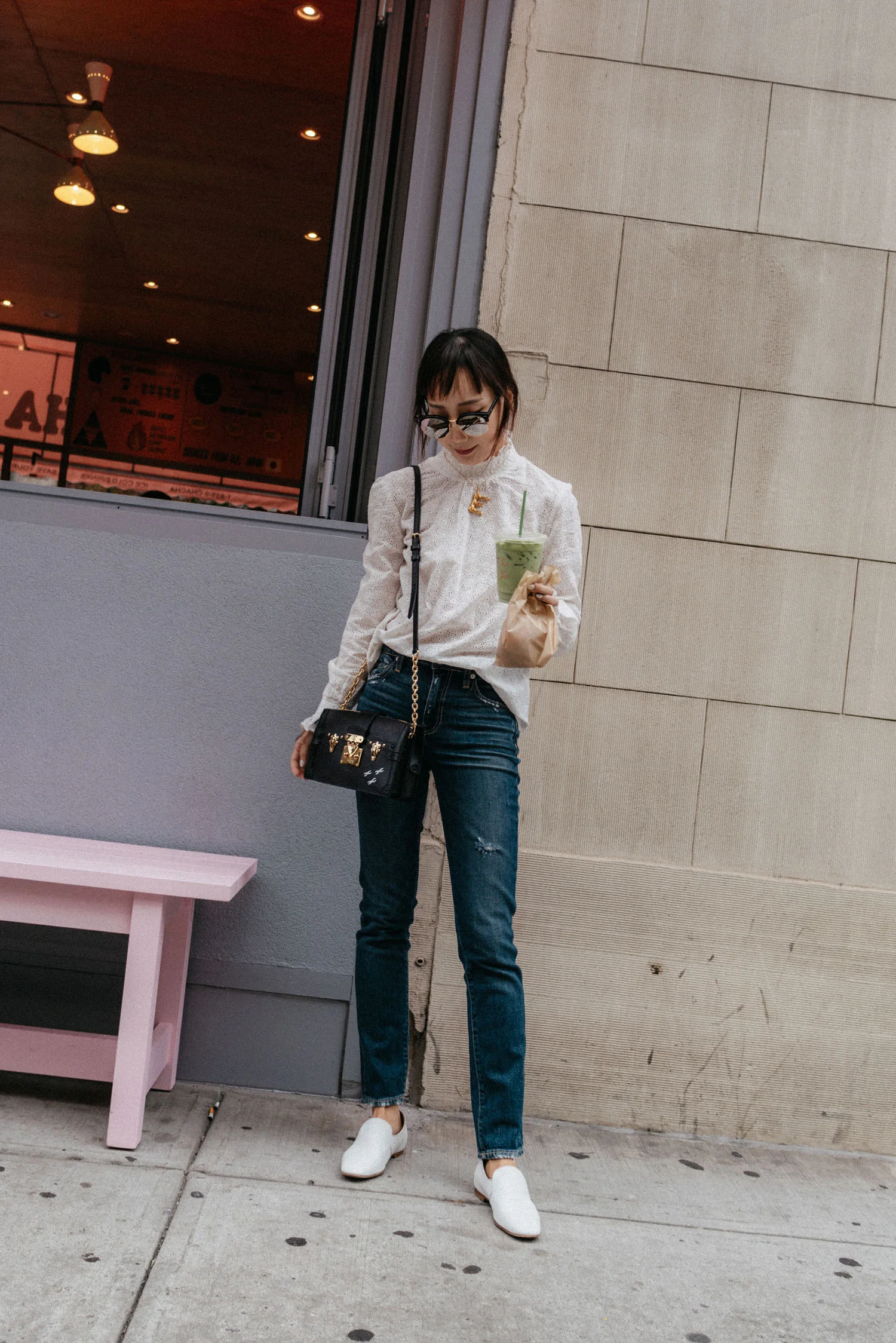 Sézane Top , Trave Denim, The Row Loafers, Louis Vuitton Bag