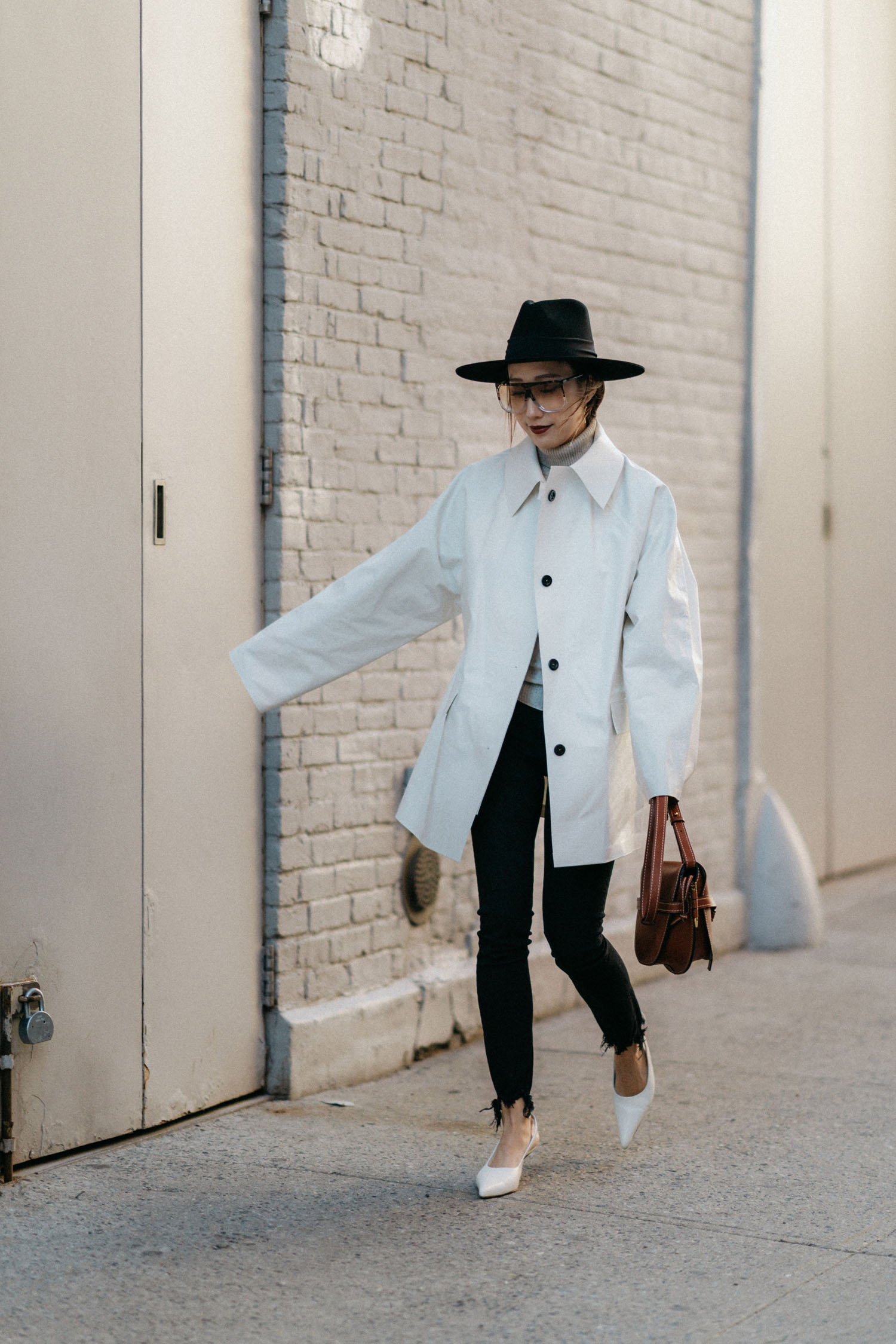 KASSL Editions Jacket , Chloé Top, 3x1 Denim, The Row Shoes, Loewe Bag , Janessa Leone Hat