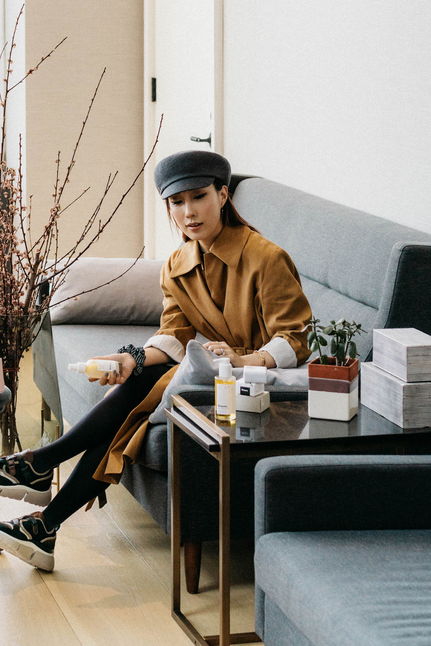 Knours Skincare , The Row Jacket, Wolford Tights , Chloé Sneakers , Hérmes Hat