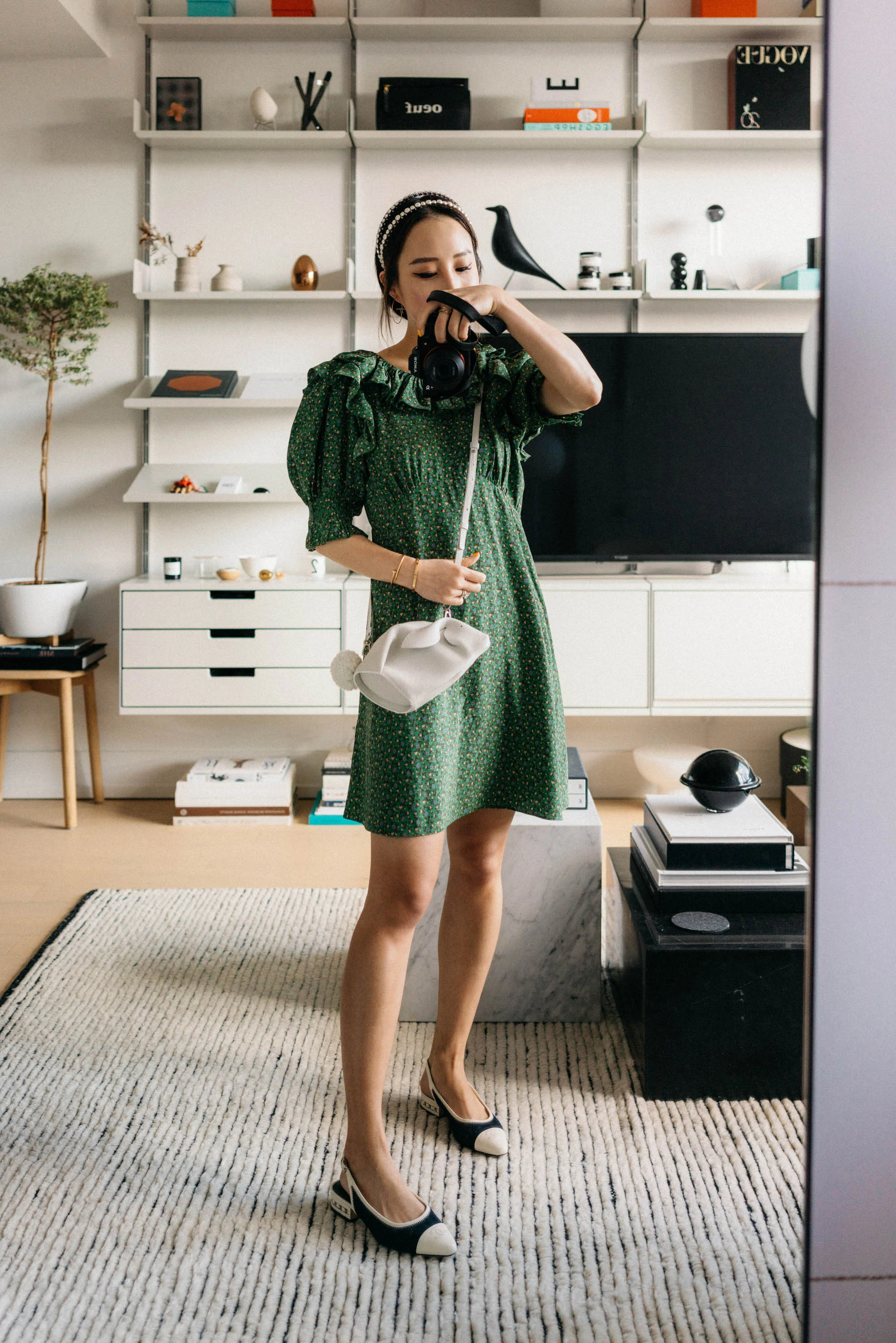 DÔEN Dress , CHANEL Shoes, Loewe Bag, Miu Miu Headband