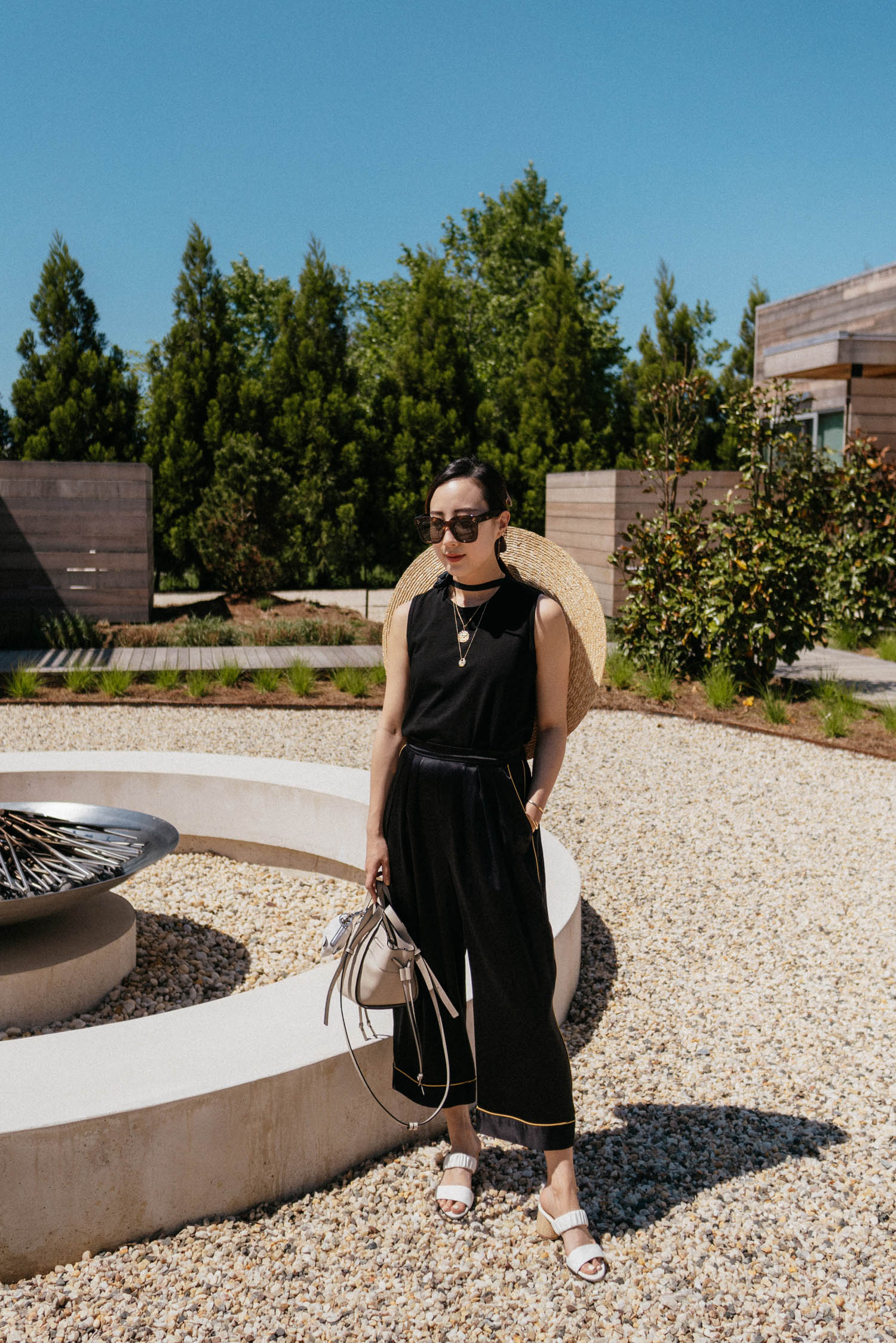 The Row Top, Homeism Pants, Dear Frances Sandals, Jacquemus Hat
