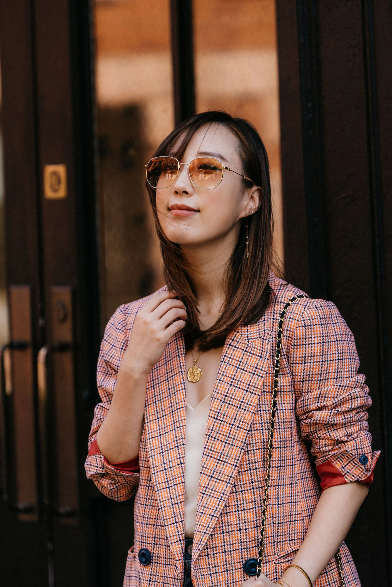 ICONS Objects of Desire Blazer, The Row Top, Trave Denim, Aspinal of London Bag , Gucci Sunglasses, Azlee Necklace, WWAKE Earrings