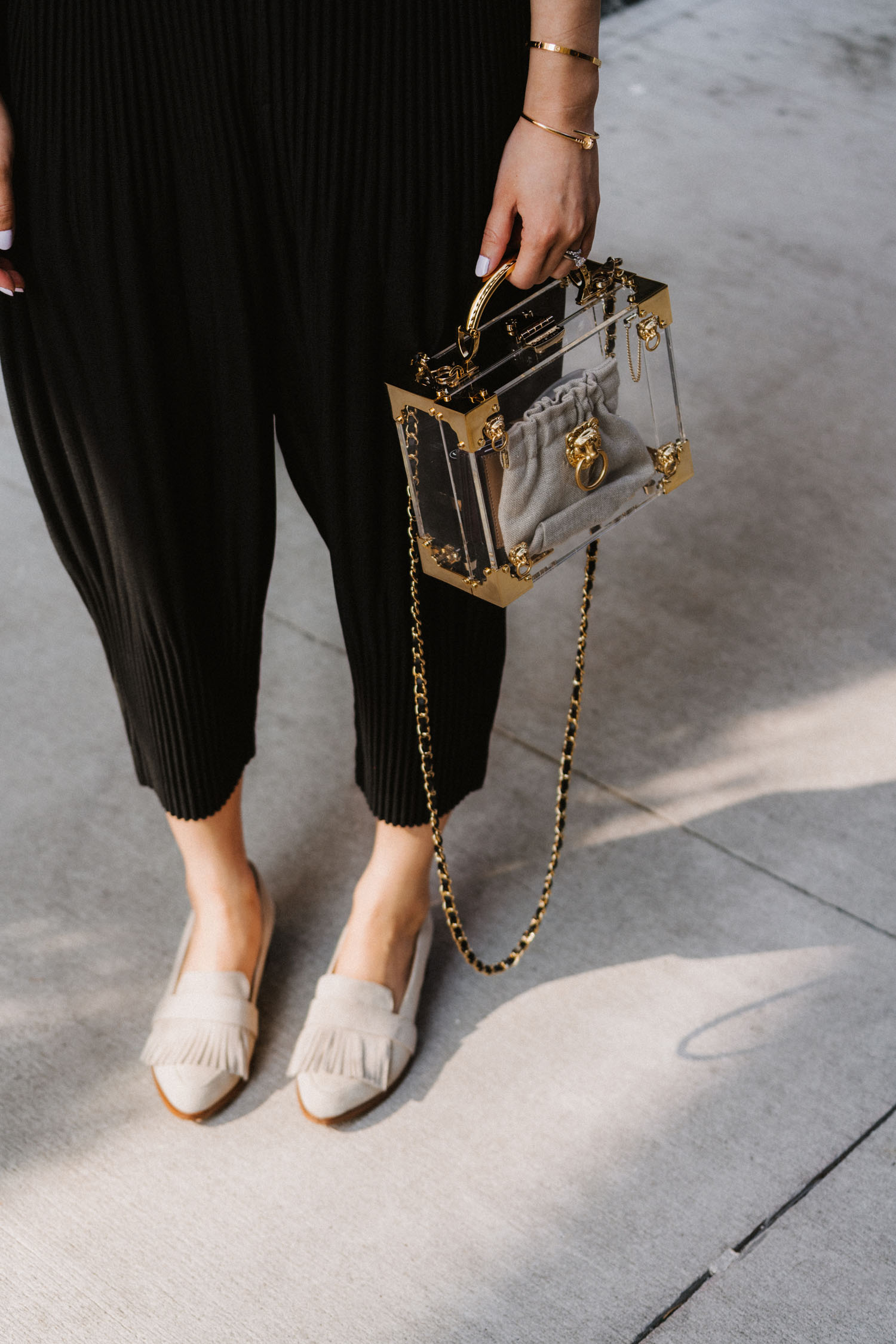 Eye To Eye Top , Issey Miyake Pants, Thelma Loafers , Aspinal of London Bag , Aspinal of London Sunglasses, Janessa Leone Hat