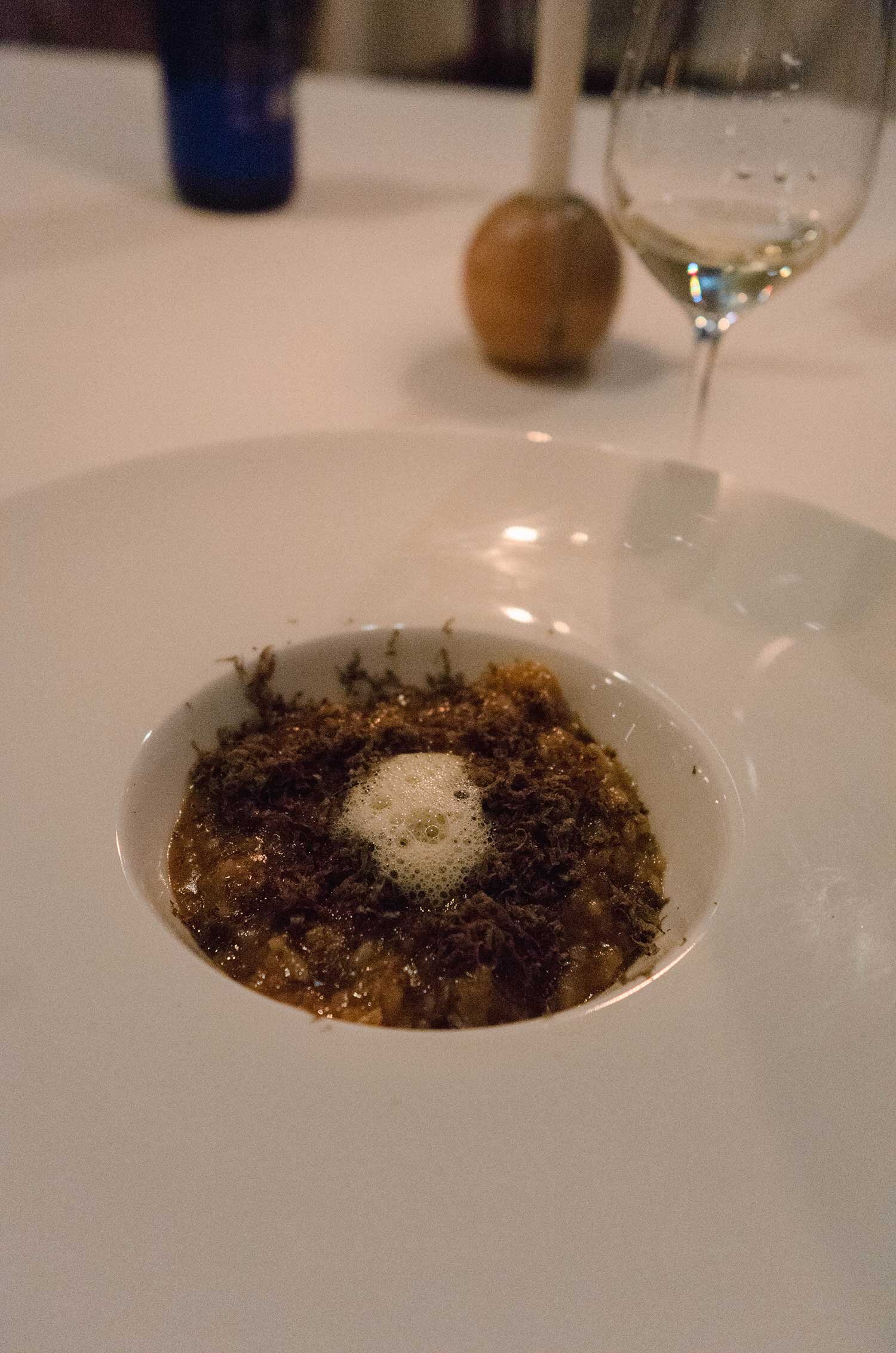 Above: Risotto w/ Buttermilk Squash, Black TruffleLeft: Potato Pavè w/ Steelhead Roe & Aromatic Crème Fraiche