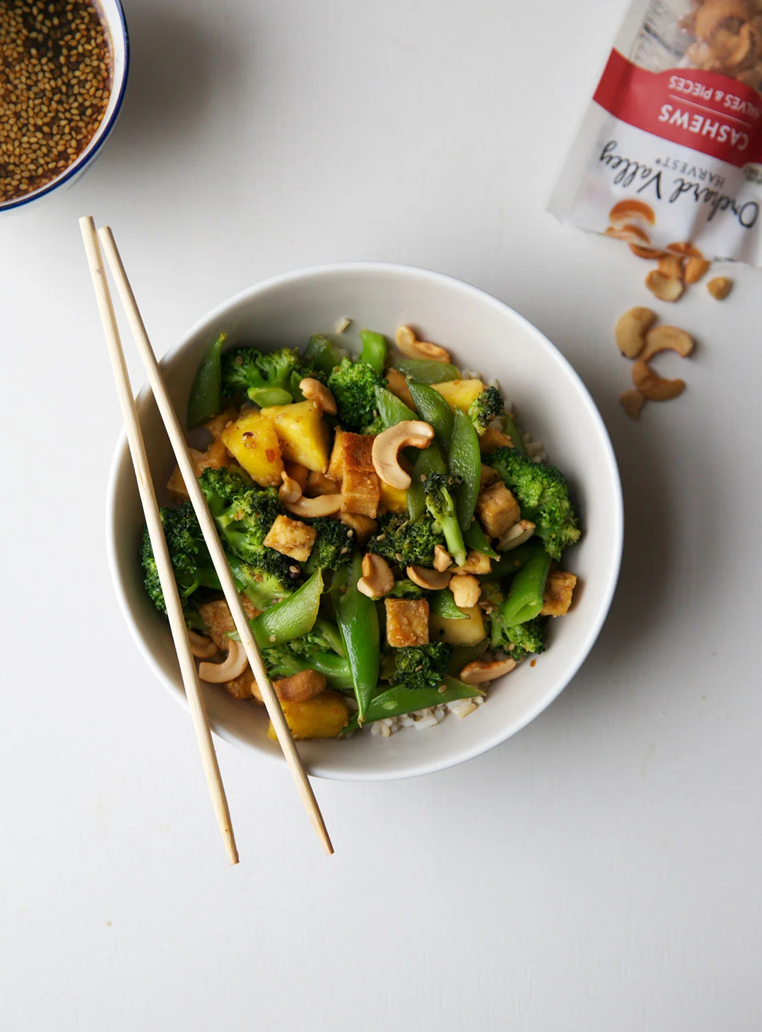 pineapple, broccoli, and snap pea stirfry with teriyaki tofu — double