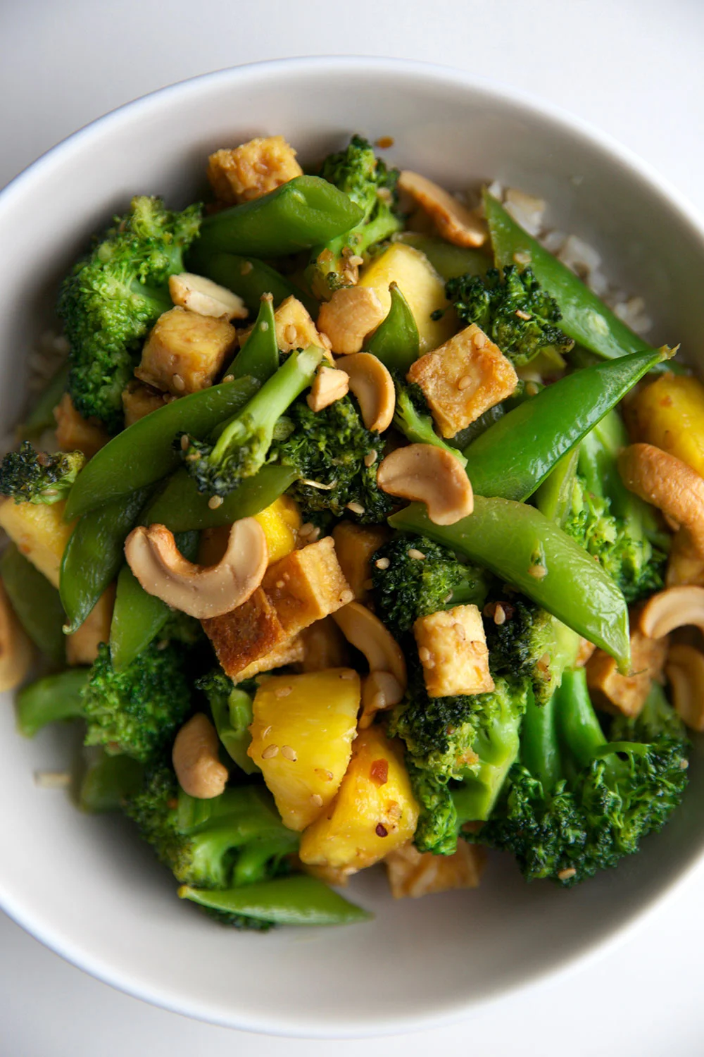 pineapple, broccoli, and snap pea stirfry with teriyaki tofu — double