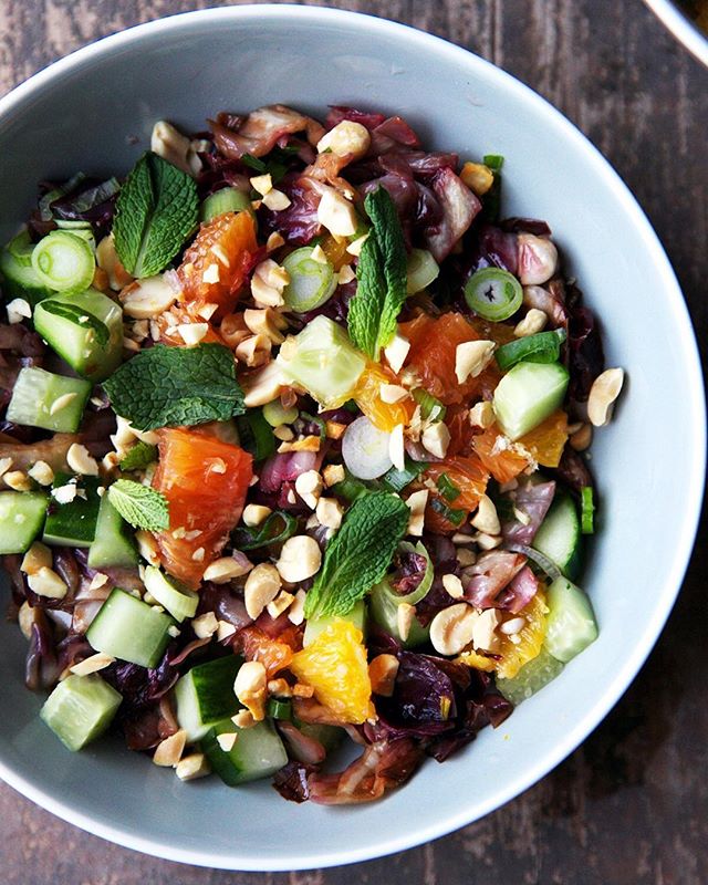 cara cara oranges are 🙌 so we made them the star of this wilted radicchio salad. link in bio! 🥒🍊🌿