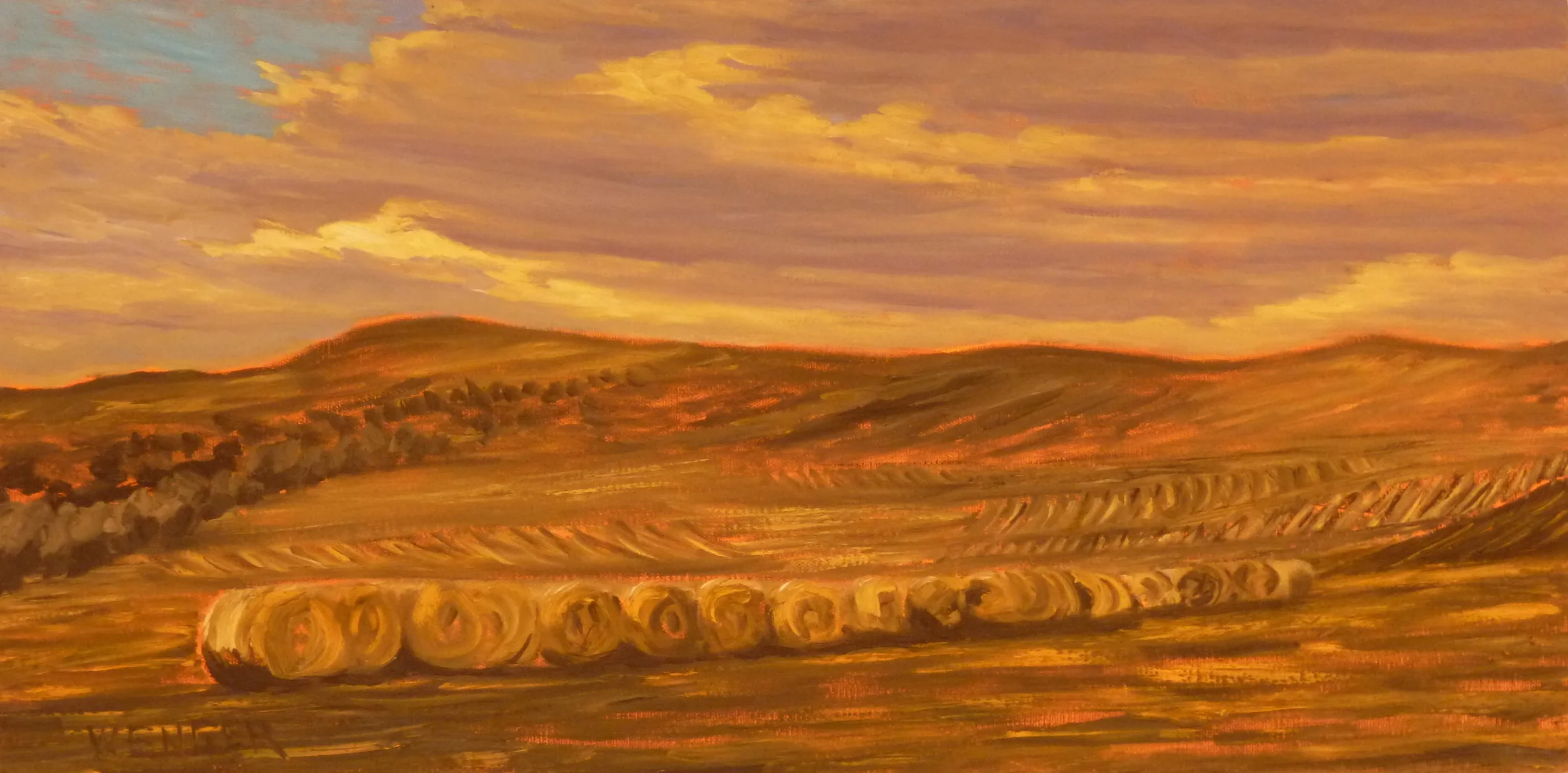  HAYBALES NEAR HIGH RIVER&nbsp;  12" x 24" &nbsp;  oil on canvas  