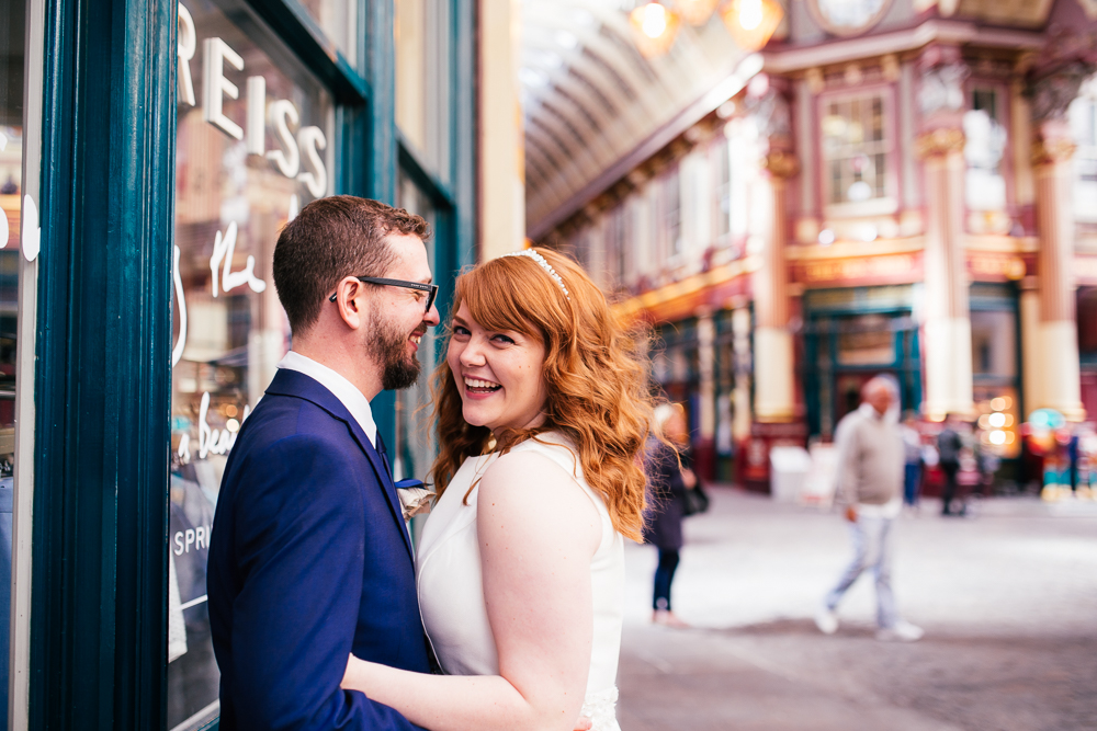 Amy and Garry on their wedding day at Leadenhall Market.