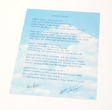 "Whale Song" hand-written lyrics. Written by Marty Kaniger and signed by Marty Kaniger and Dan Peyton.