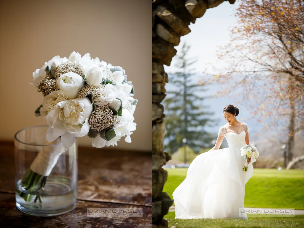 Contemporary spring design in a color palette of deep purples, lavenders, and whites. Bridal bouquet of peonies, tulips, lisianthus, dusty miller, and rice flower. Photo: (c) Brian Dorsey Studios Planner: Brilliant Event Planning