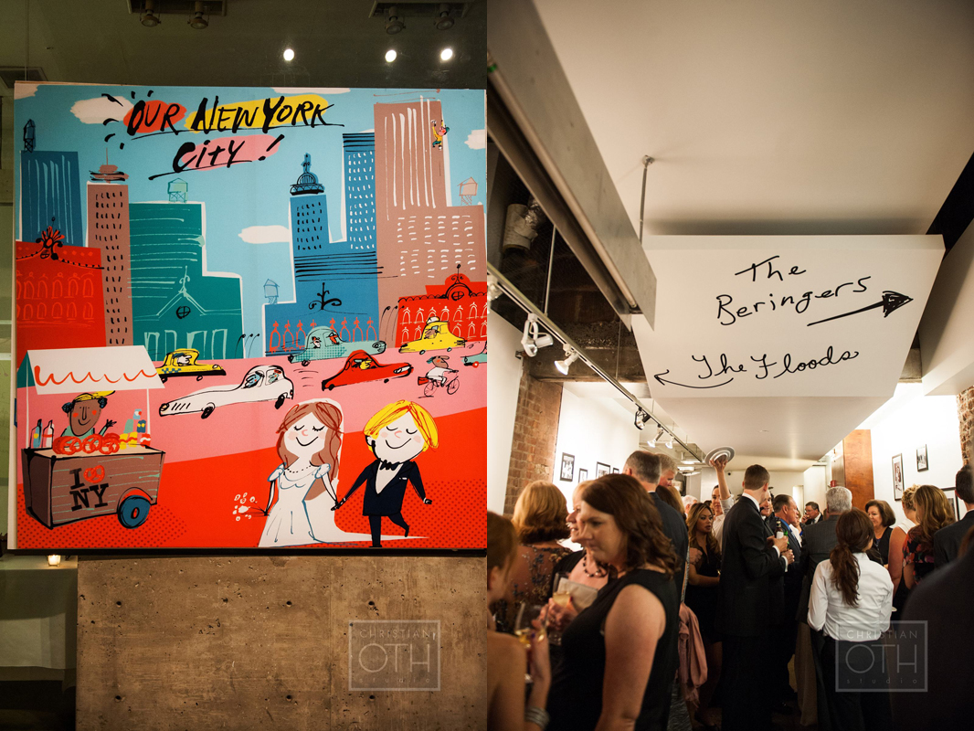   An 8-ft. square canvas print next to the bar.&nbsp;    Vinyl lettering on ceiling leads guests to a gallery of family photos.    Photo: Sue Kessler of   Christian Oth Studio  