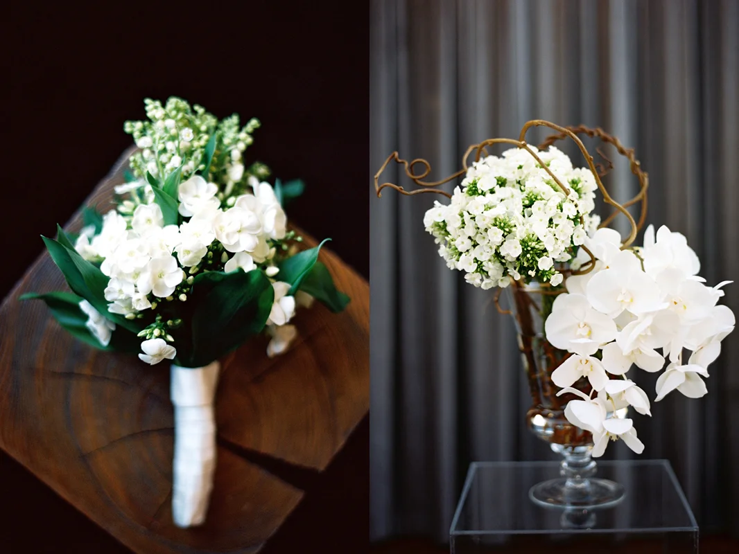 An effortless and natural design with a white and green palette of delicate florals. Phlox and lily of the valley bridal bouquet. A ceremony arrangement of phlox, phalaenopsis orchids, and kiwi branches, set on a clear lucite pedestal. Photo: Karen Wise Photography