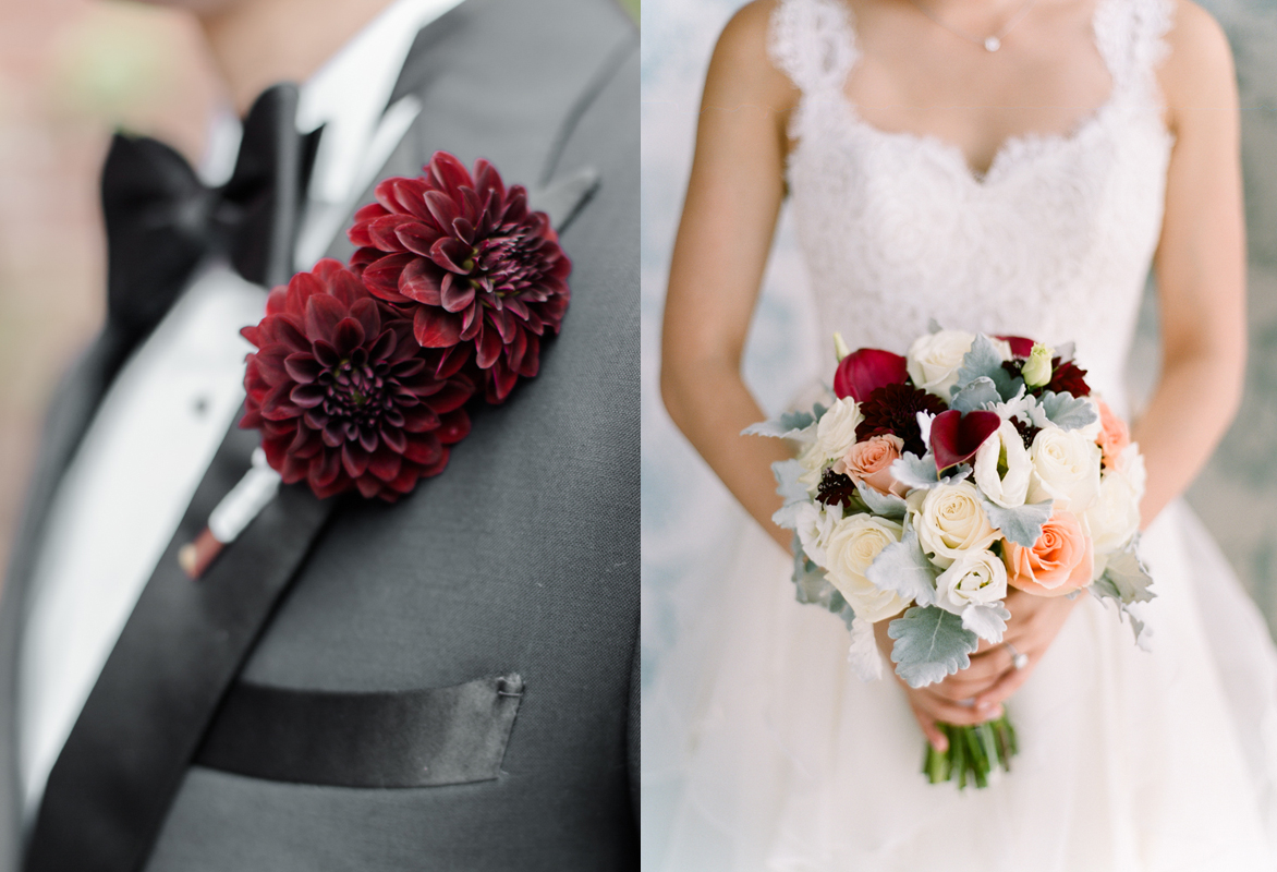 A September wedding incorporating cream, peach, blush, and cranberry tones. The groom wore cranberry-toned dahlias. Bridal bouquet of cream and peach roses, dahlia, lisianthus, calla lilies, scabiosa, and dusty miller. Photo: Rebecca Yale Photography