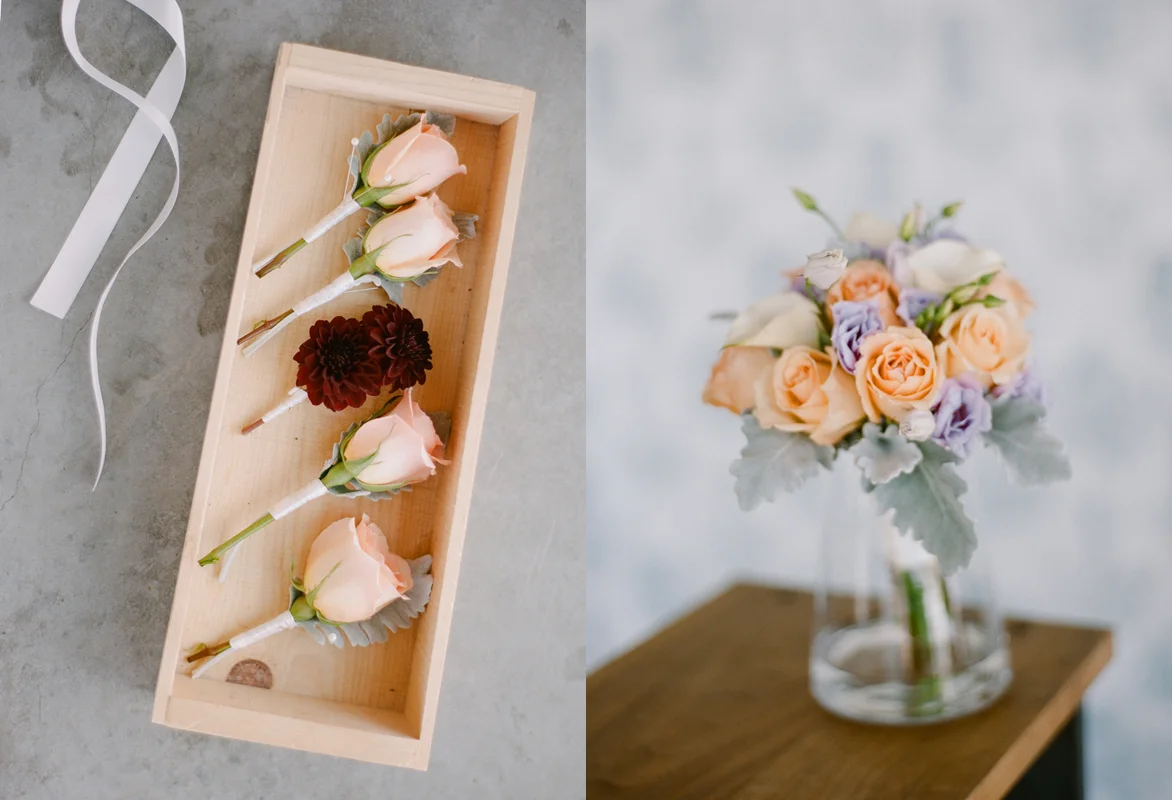 Boutonnieres. Bridesmaids bouquet in pastel tones of peach, lavender, and white. Photo: Rebecca Yale Photography
