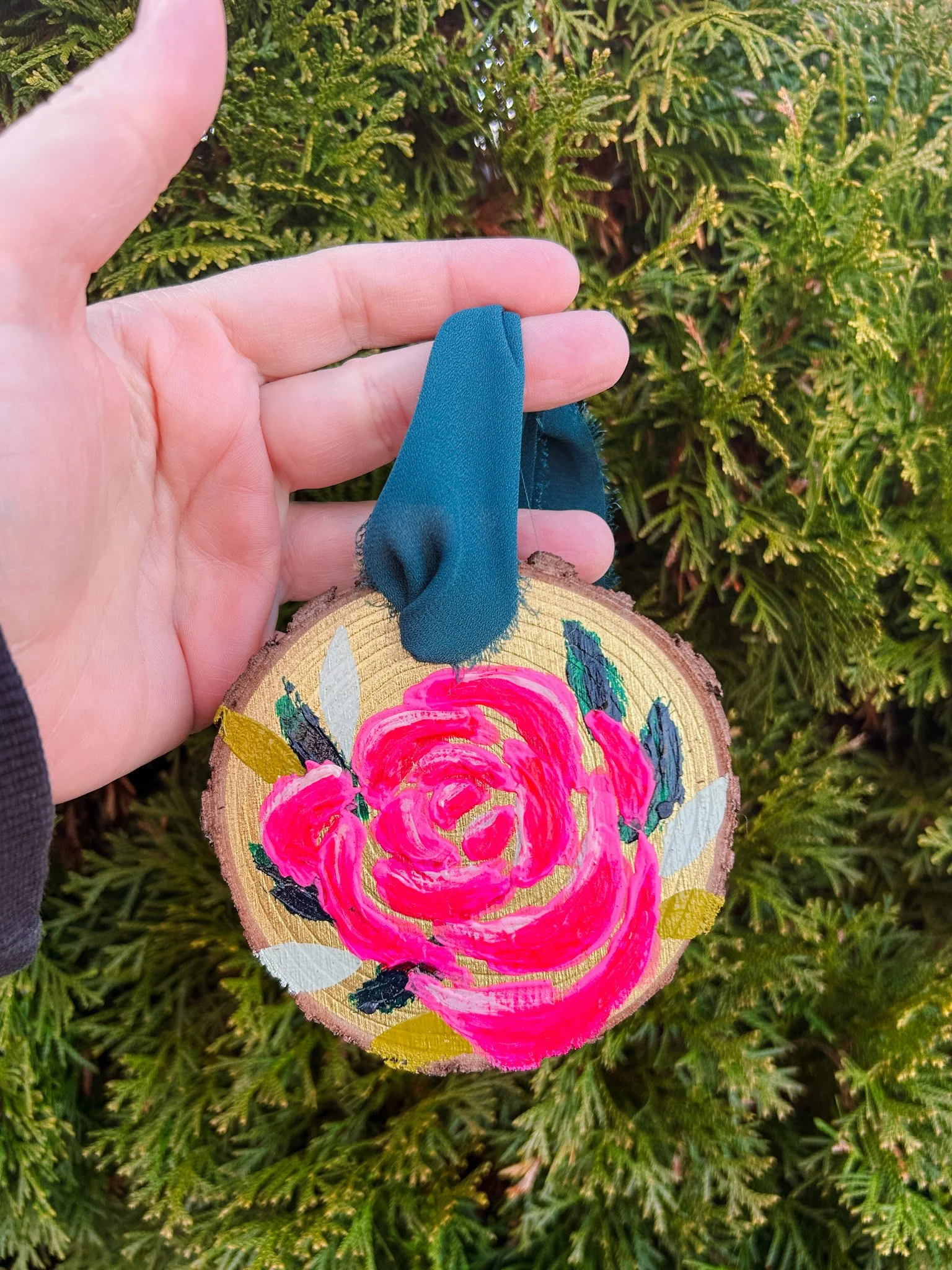 vi, bright rosey hand painted wood ornament