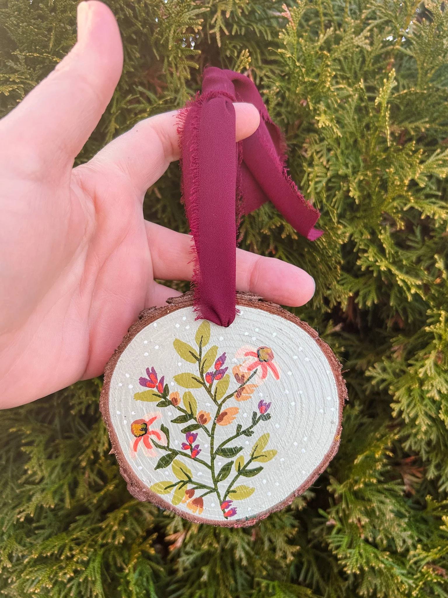 i, bouquet hand painted wood ornament