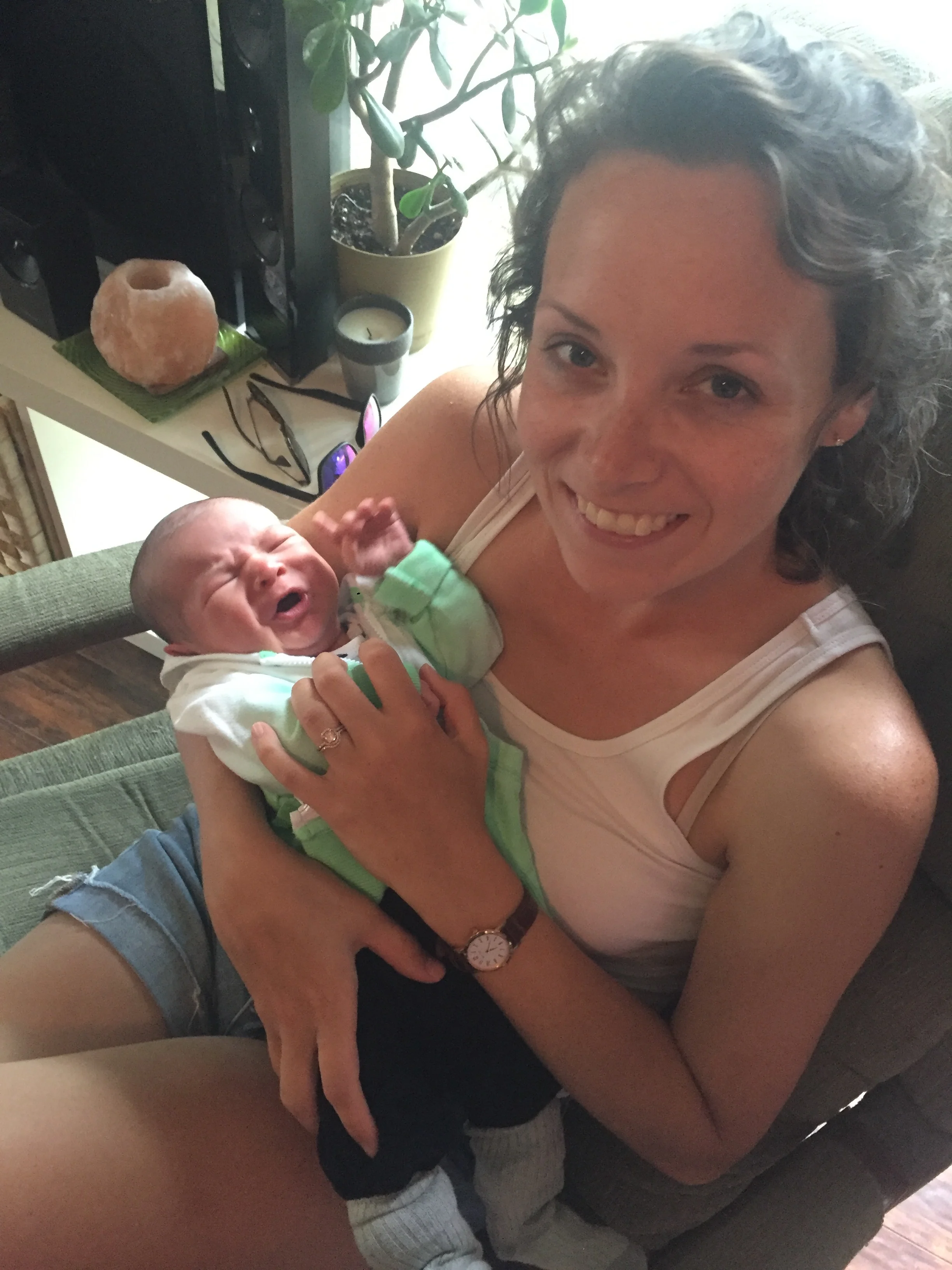  First cuddle with Auntie Heather…we promise he likes her. We were so blessed to have the Evans be the first visitors at the hospital, bringing us lunch! 