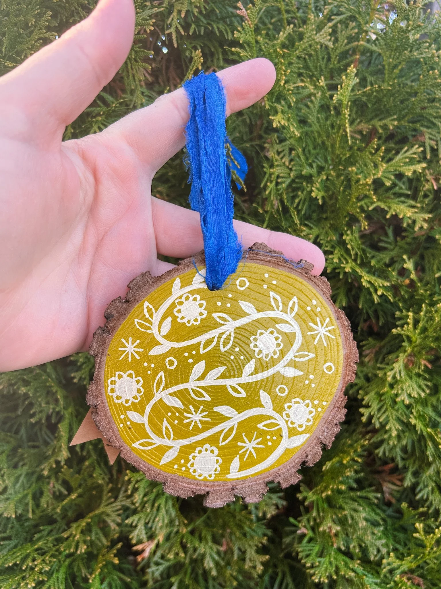 v, simple folk hand painted wood ornament