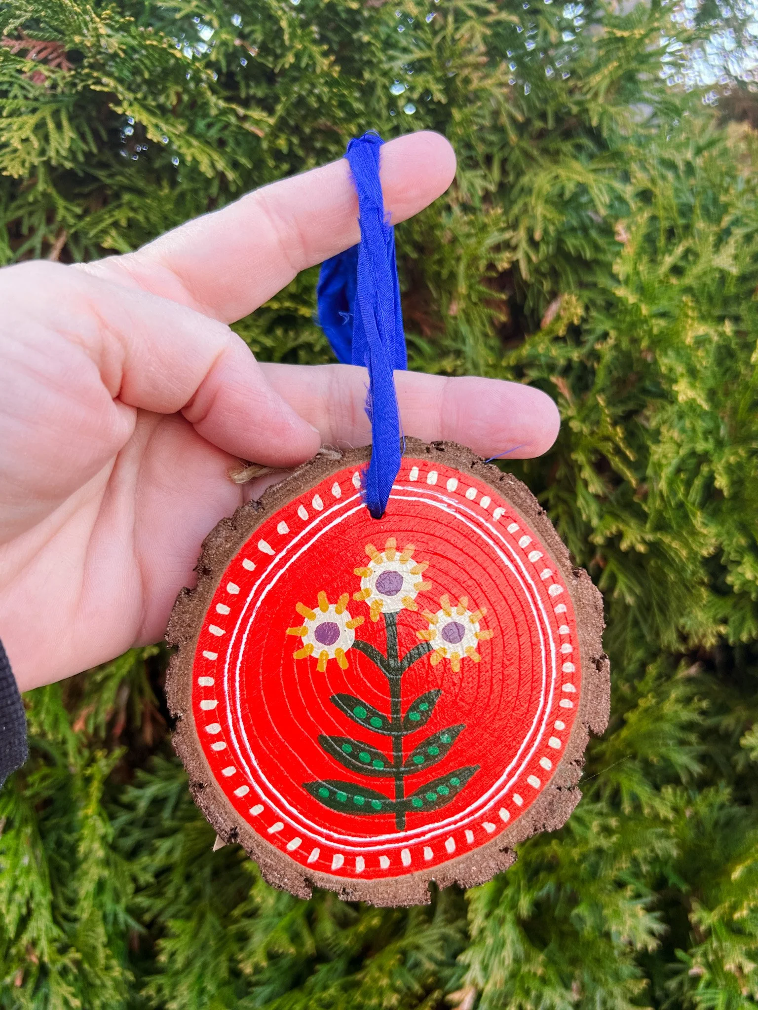 xix, folky flowers hand painted wood ornament