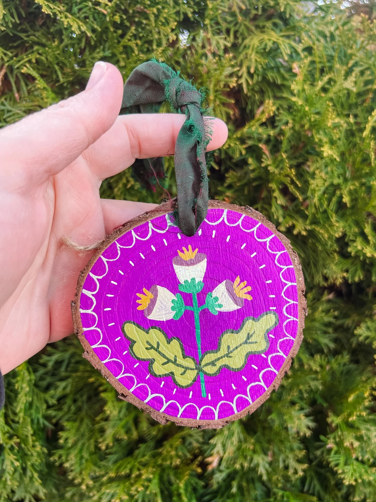 vii, folky flowers hand painted wood ornament