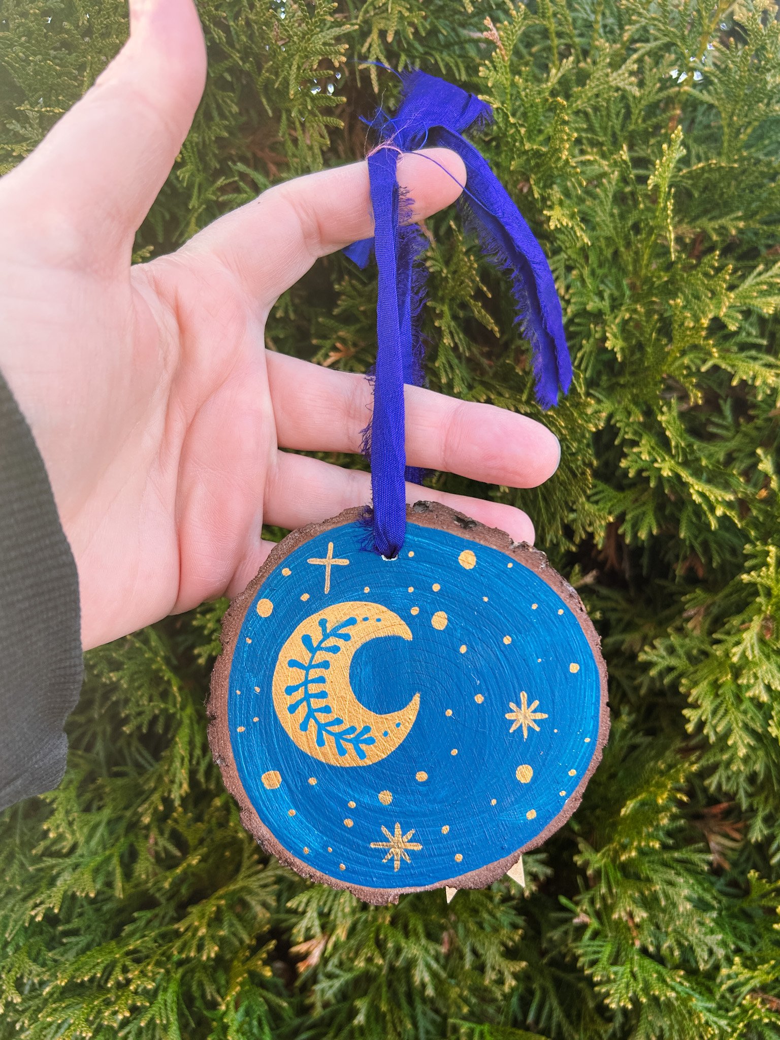 i, gold moon hand painted wood ornament