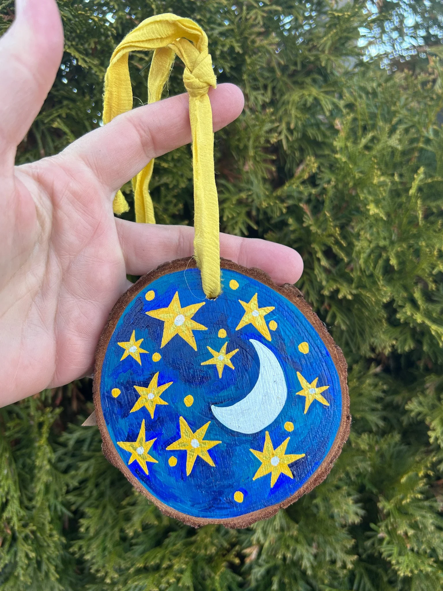 vi, moon & stars hand painted wood ornament