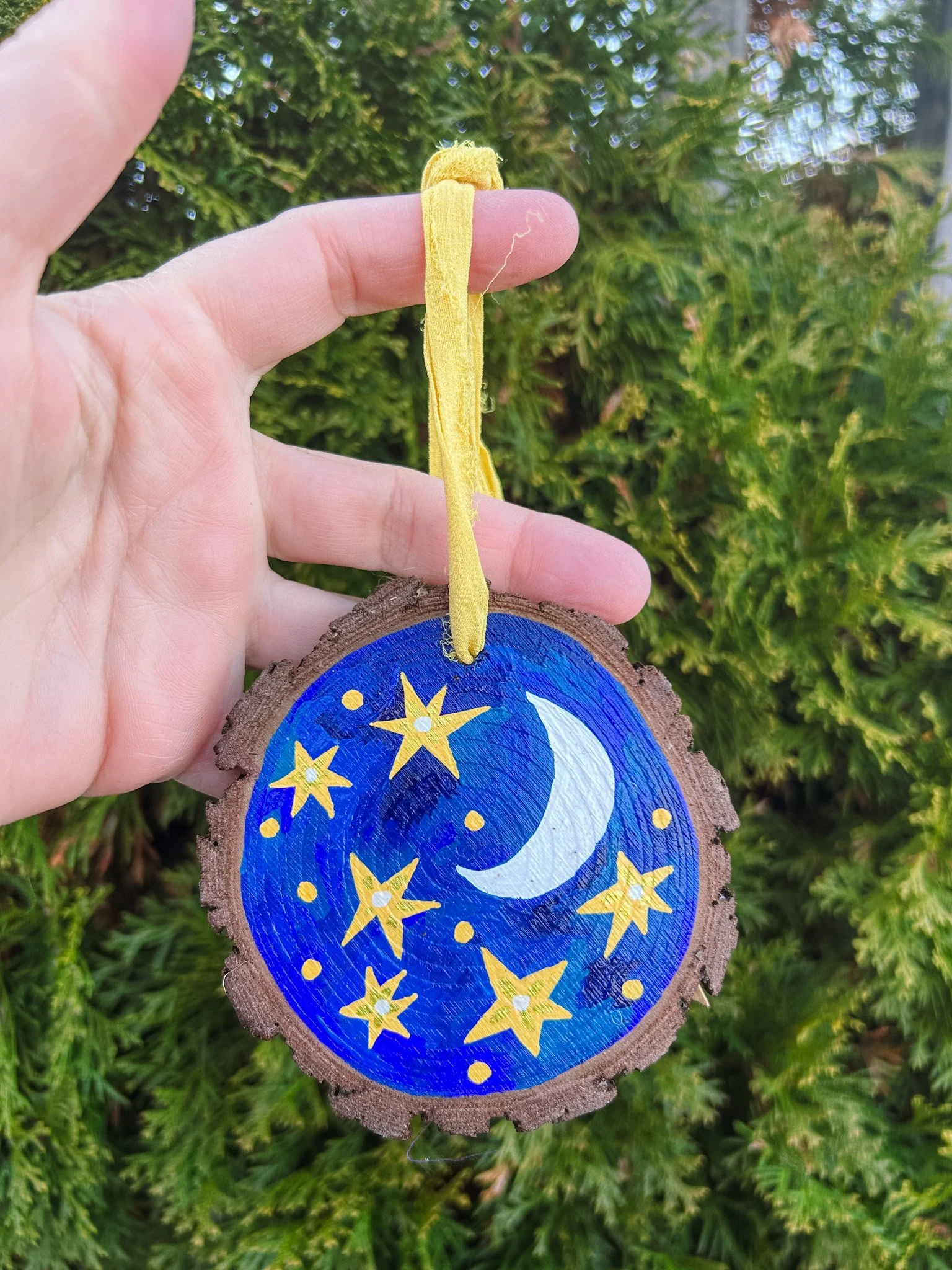 i, moon & stars hand painted wood ornament