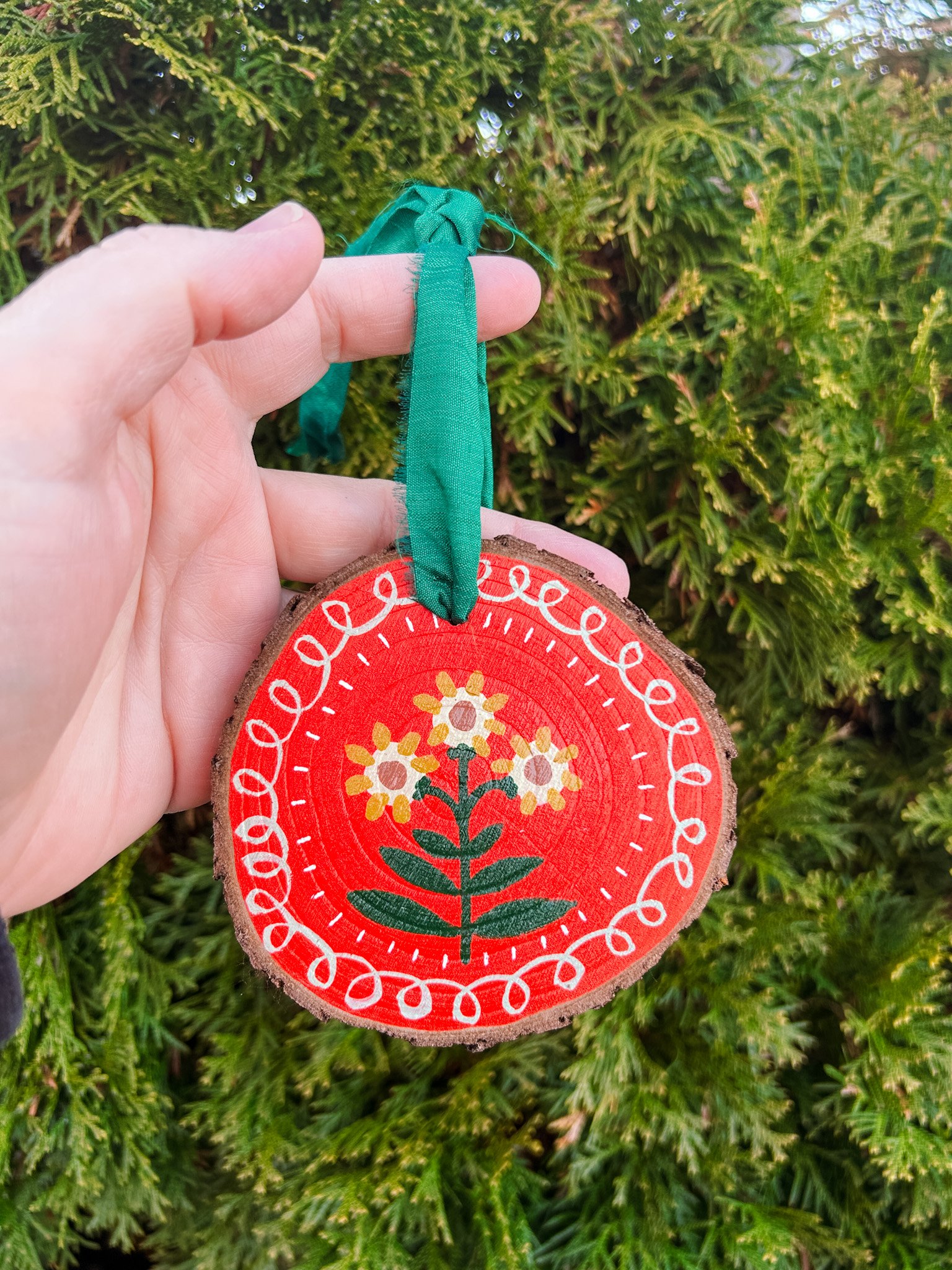 x, folky flowers hand painted wood ornament