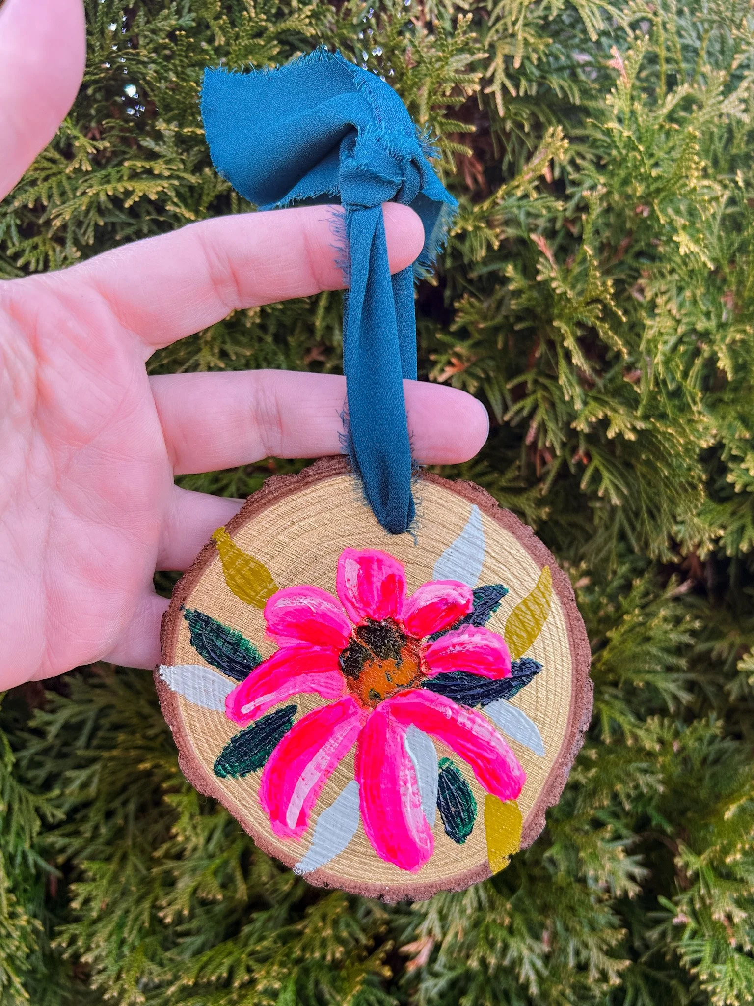 ii, bright rosey hand painted wood ornament