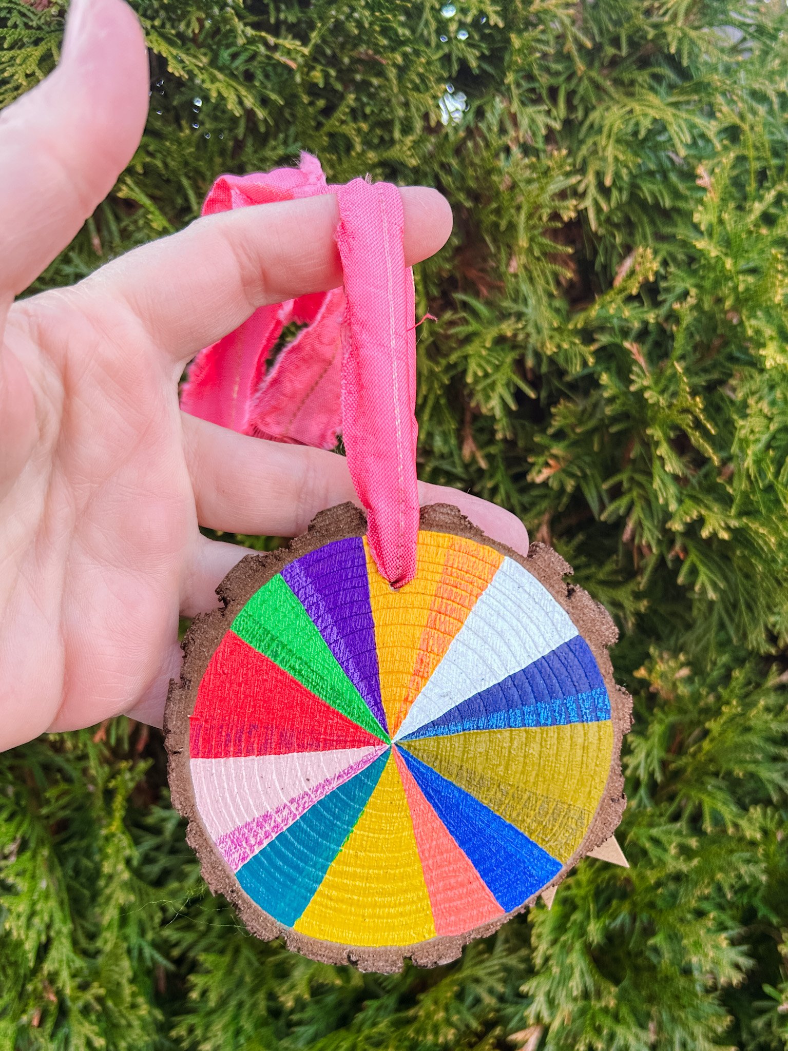 v, colour wheel hand painted wood ornament