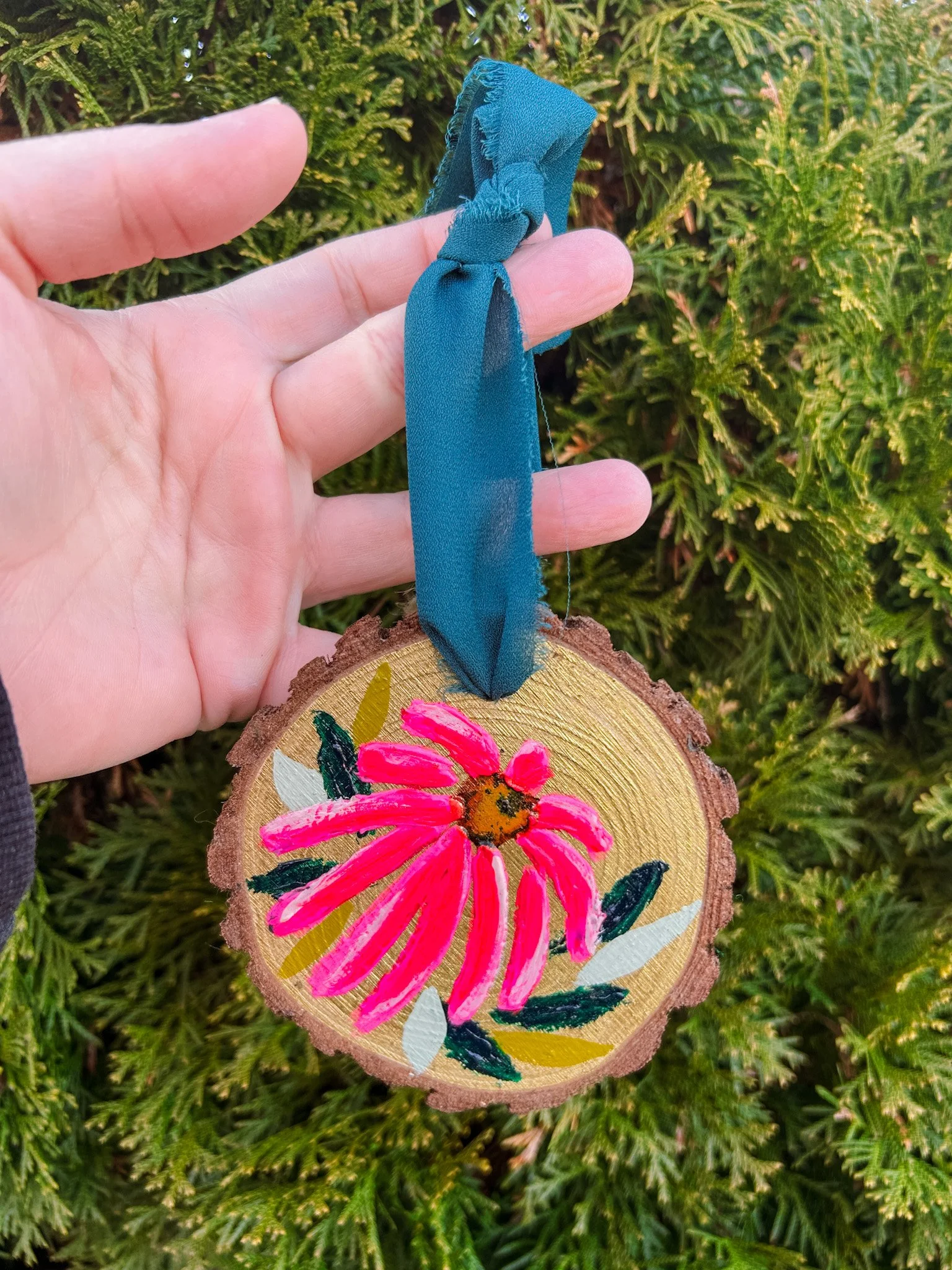 iii, bright rosey hand painted wood ornament