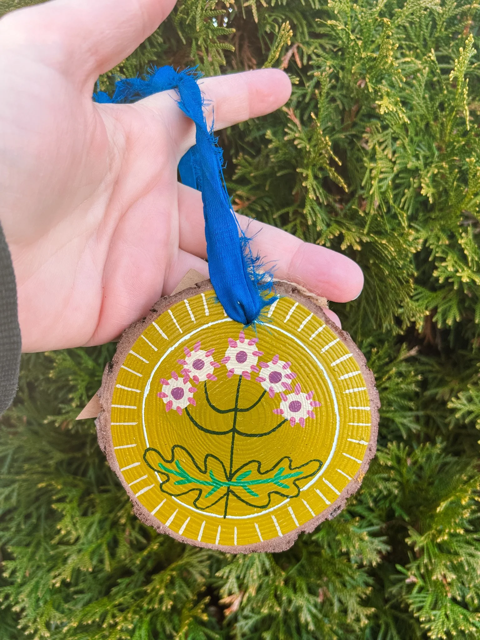 i, folky flowers hand painted wood ornament