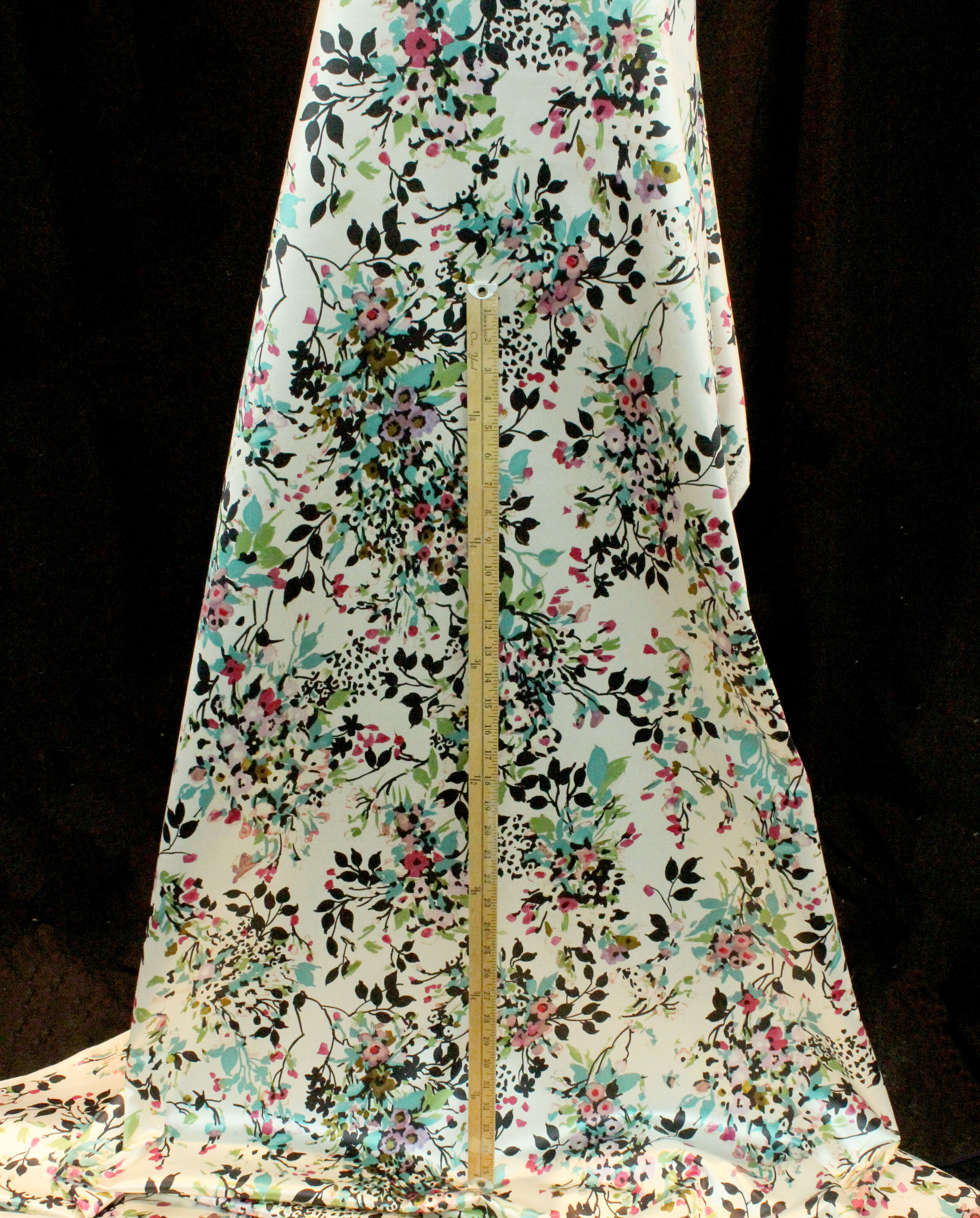 SATIN FINISH AQUA Silk/Cotton Floral Print — Mendel Goldberg Fabrics NYC