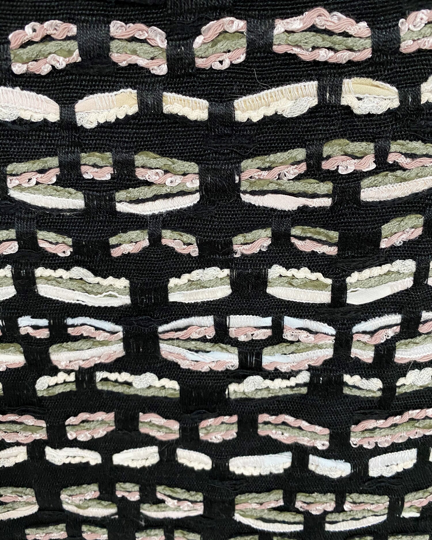 Black Boucle with White/Cream/Green Ribbons — Mendel Goldberg Fabrics NYC