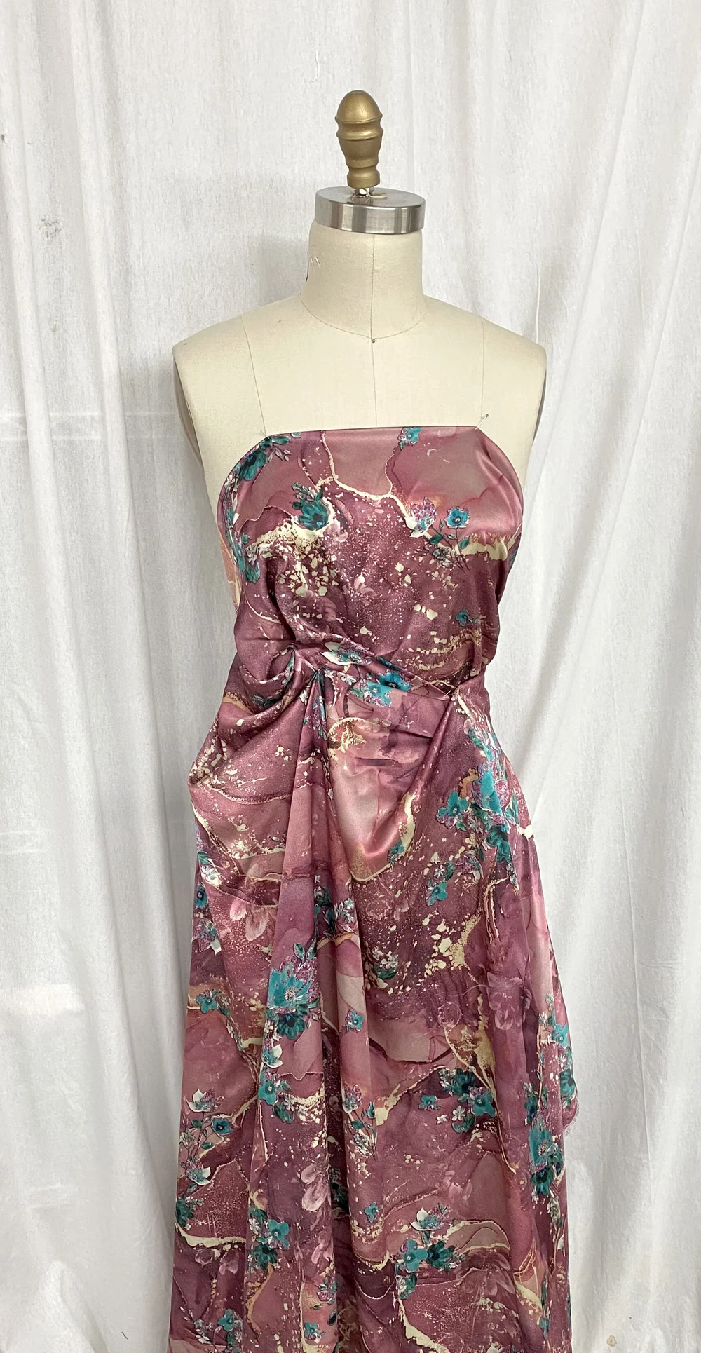 Dark Rose/Gold/Teal Floral Printed Silk  Mendel Goldberg Fabrics NYC
