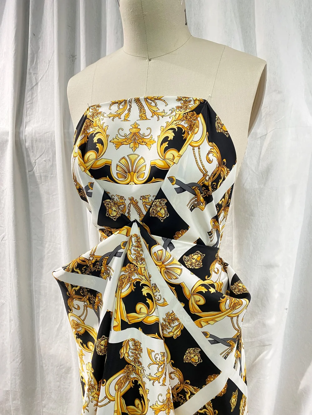 Black/White/Gold Versace Silk Twill  Mendel Goldberg Fabrics NYC