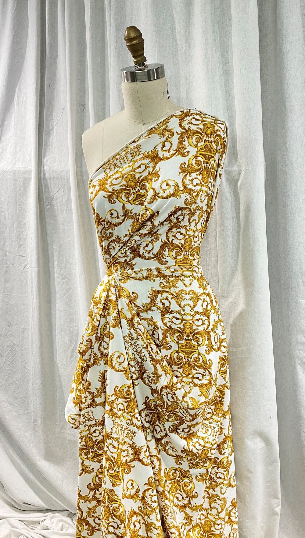 4 yds White/Gold Versace Cotton Jersey $250 — Mendel Goldberg Fabrics NYC