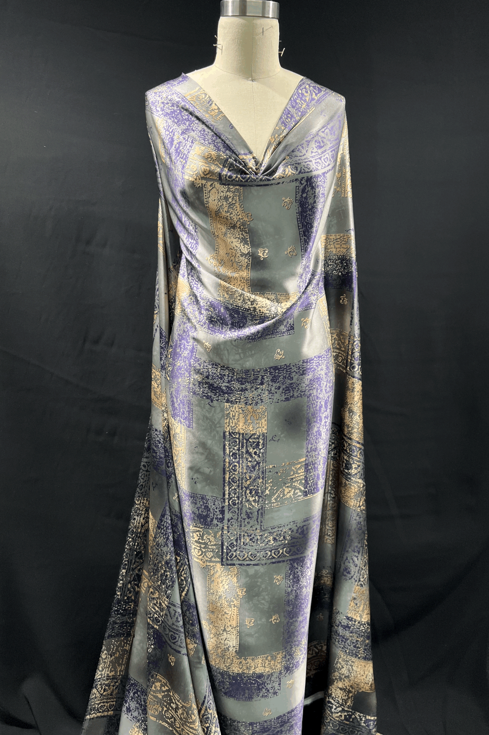 Grey/Blue/Gold Stencil Print  Mendel Goldberg Fabrics NYC